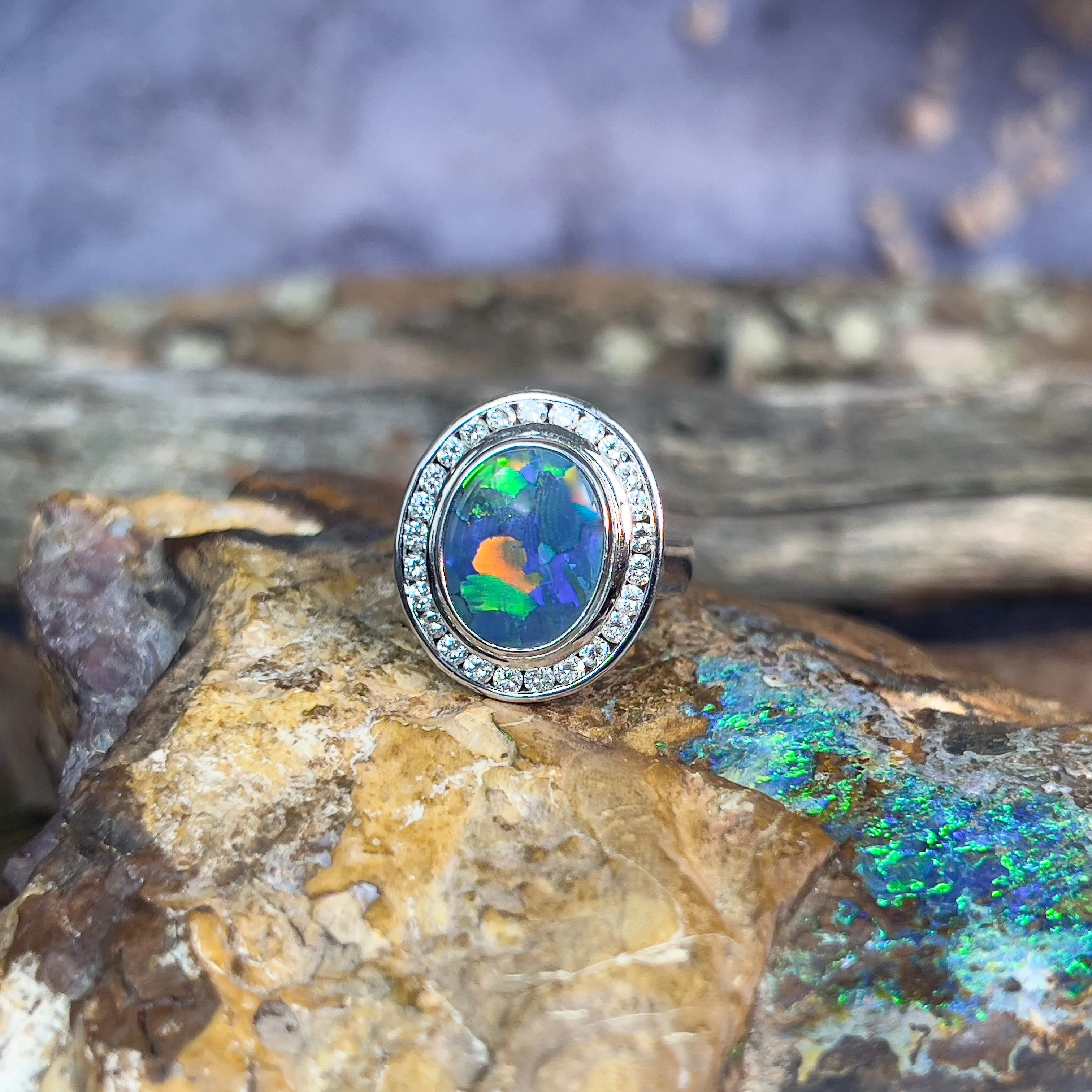 18kt White Gold multi piece Black Opal diamond ring, pendant and brooch piece