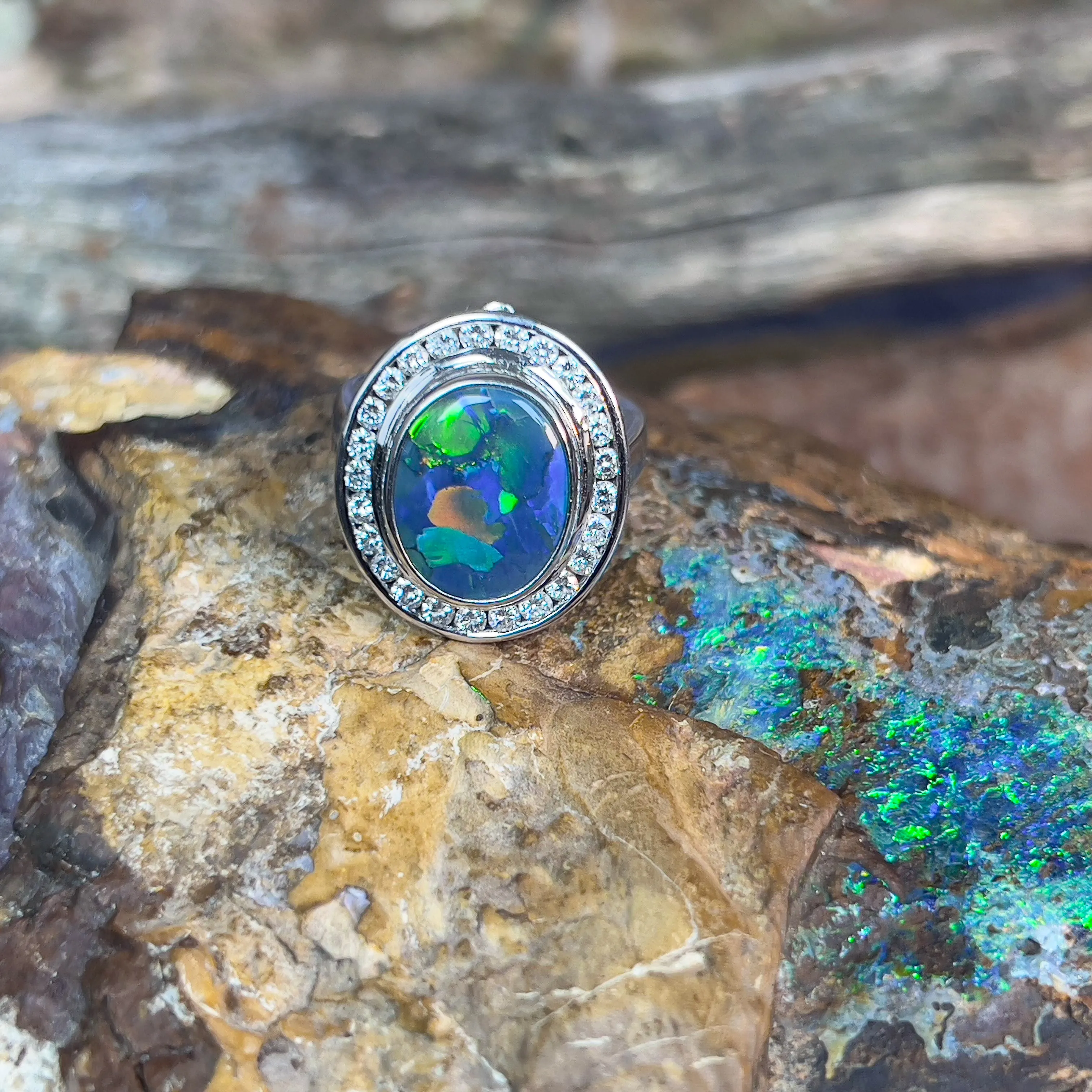 18kt White Gold multi piece Black Opal diamond ring, pendant and brooch piece