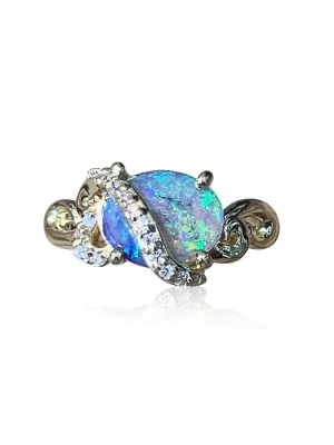 18kt Yellow Gold designer Black Opal and Diamond ring