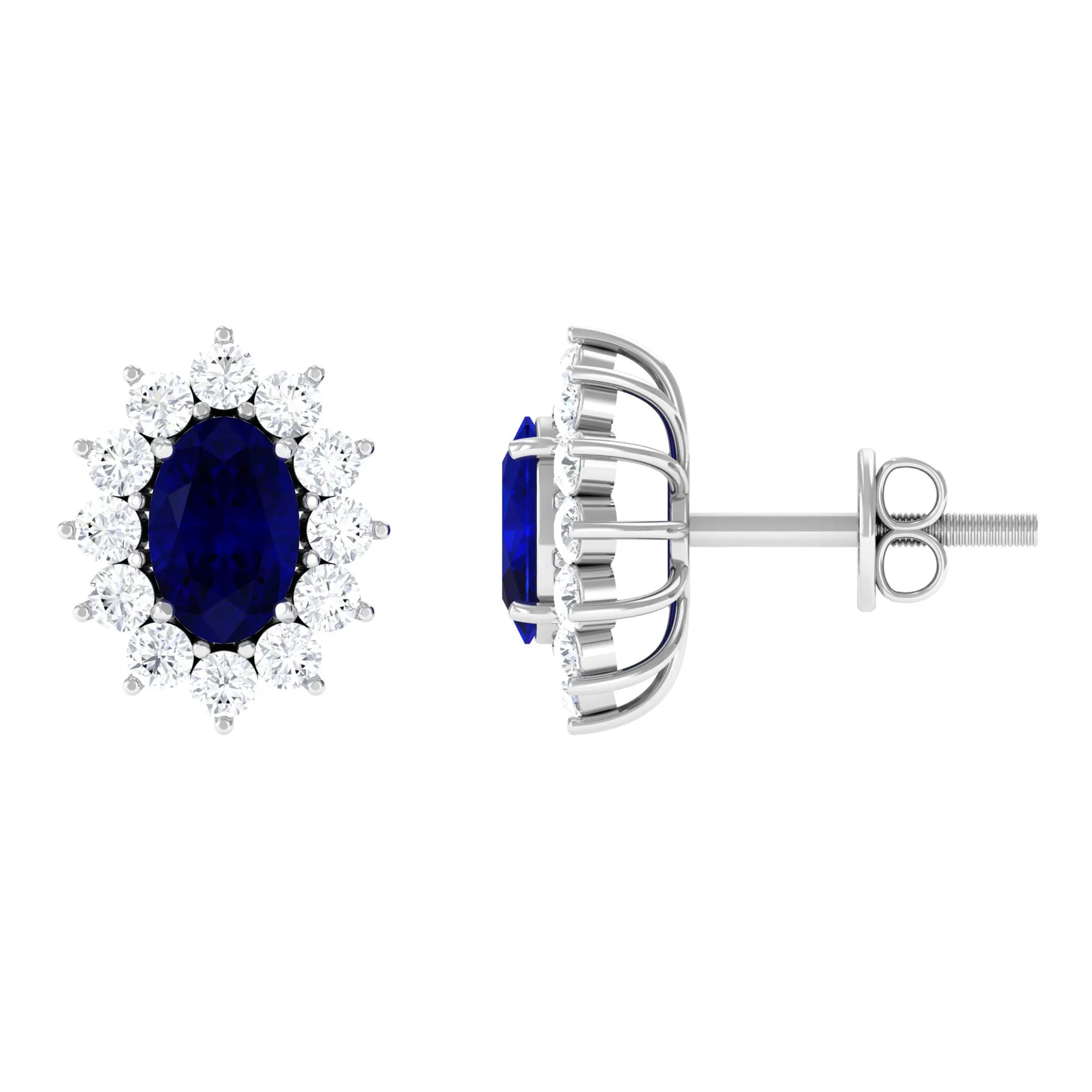 2 CT Oval Shape Blue Sapphire and Diamond Starburst Stud Earrings