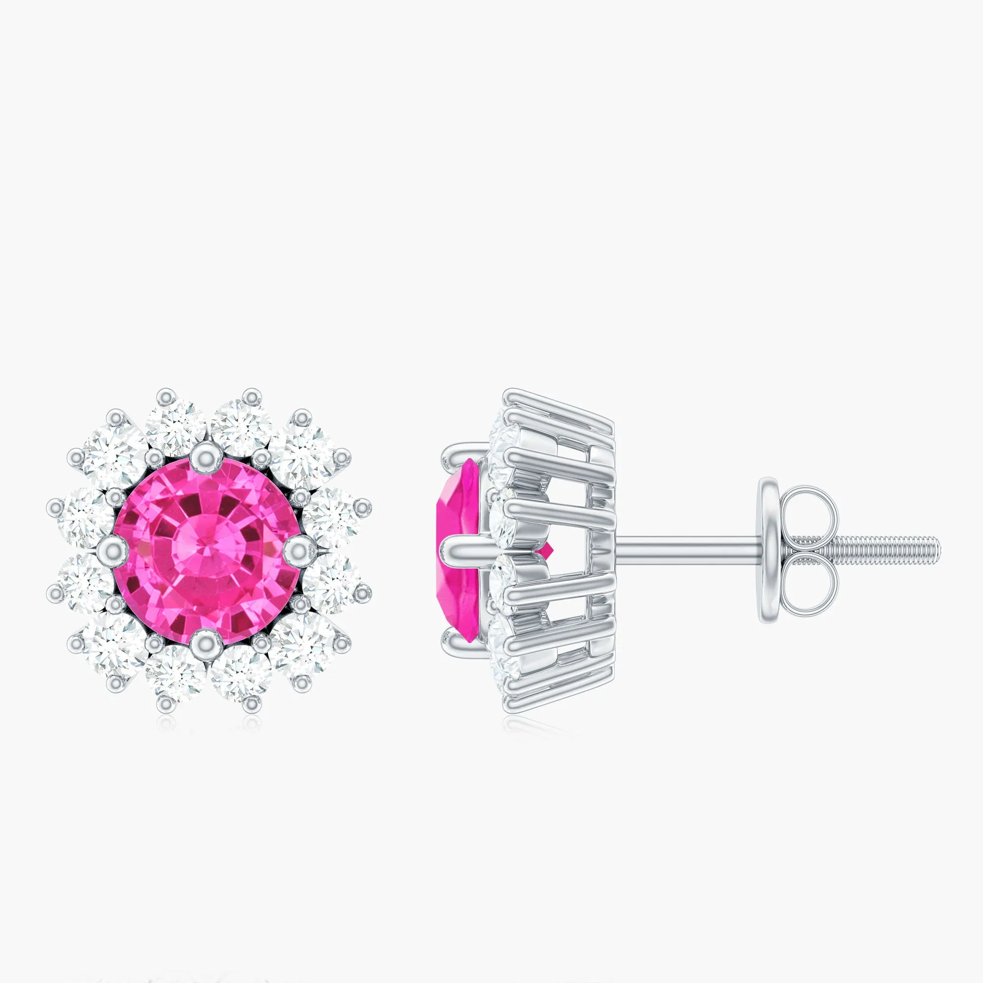 2 CT Pink Sapphire and Diamond Classic Halo Stud Earrings