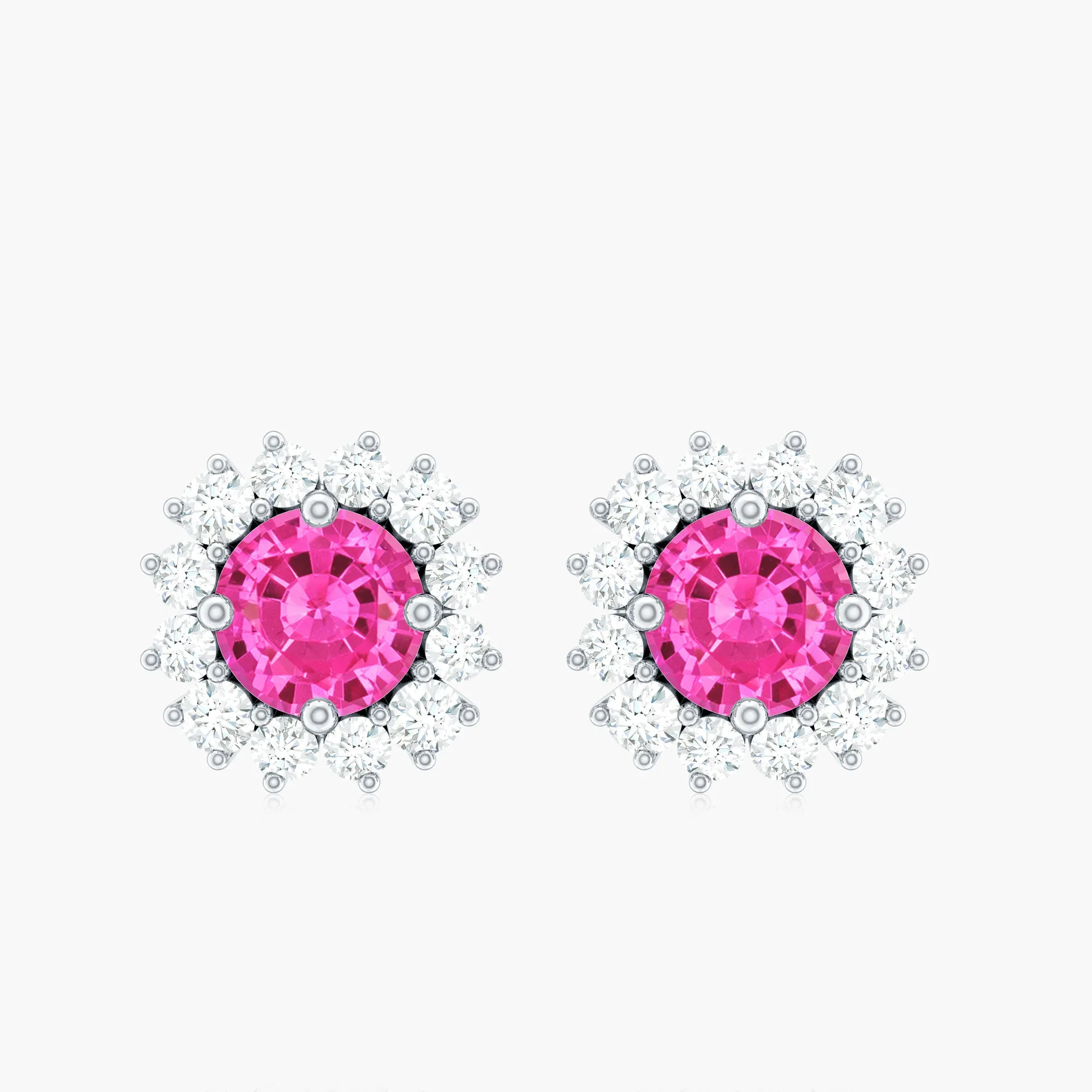 2 CT Pink Sapphire and Diamond Classic Halo Stud Earrings