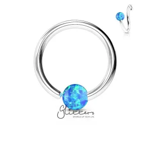 316L Surgical Steel Opal Ball Fixed On End Hoop Ring-Opal Blue