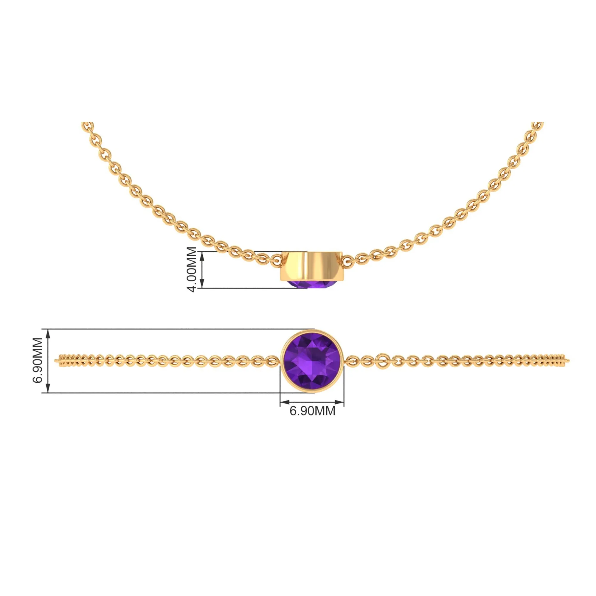 6 MM Bezel Set Amethyst Solitaire Gold Chain Bracelet