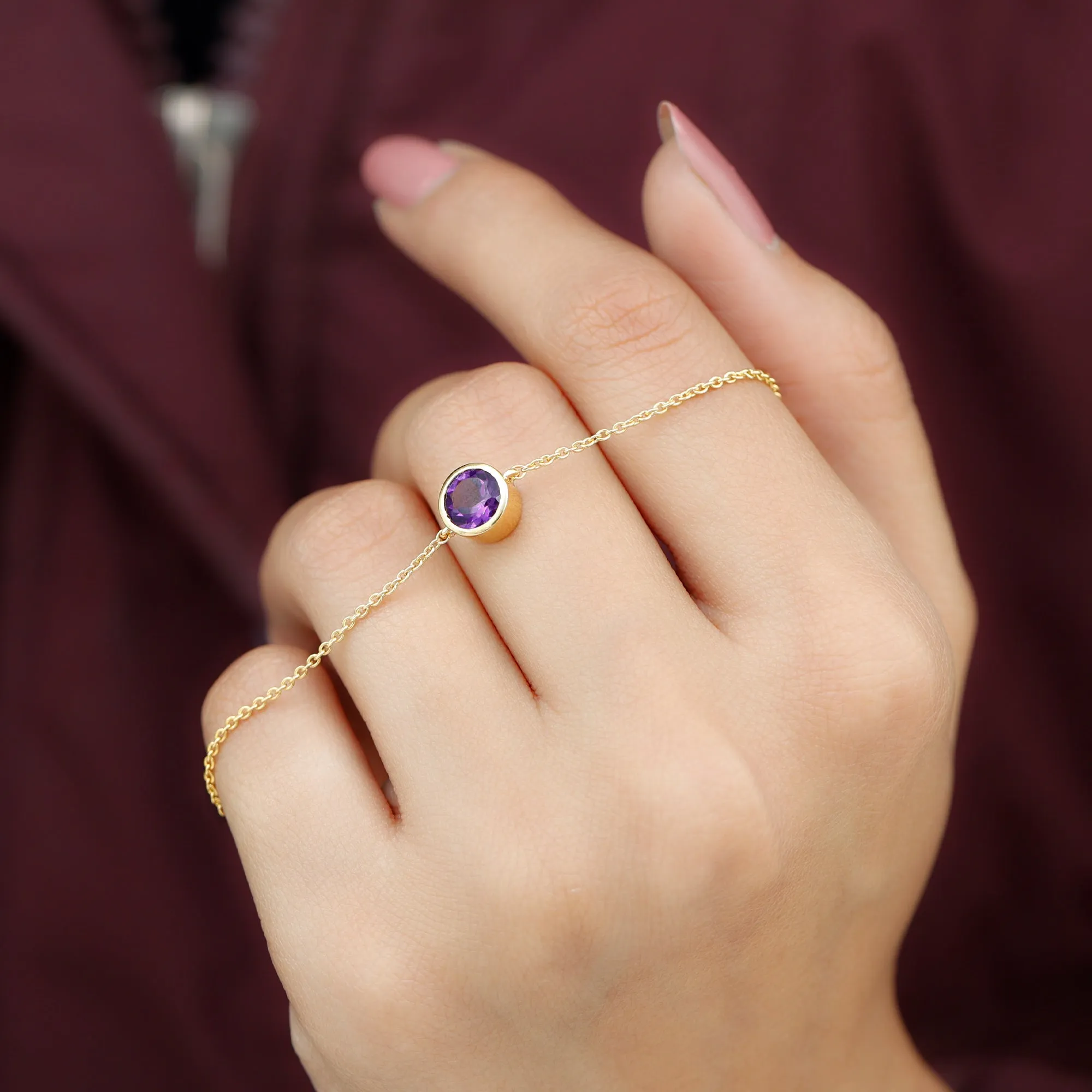 6 MM Bezel Set Amethyst Solitaire Gold Chain Bracelet