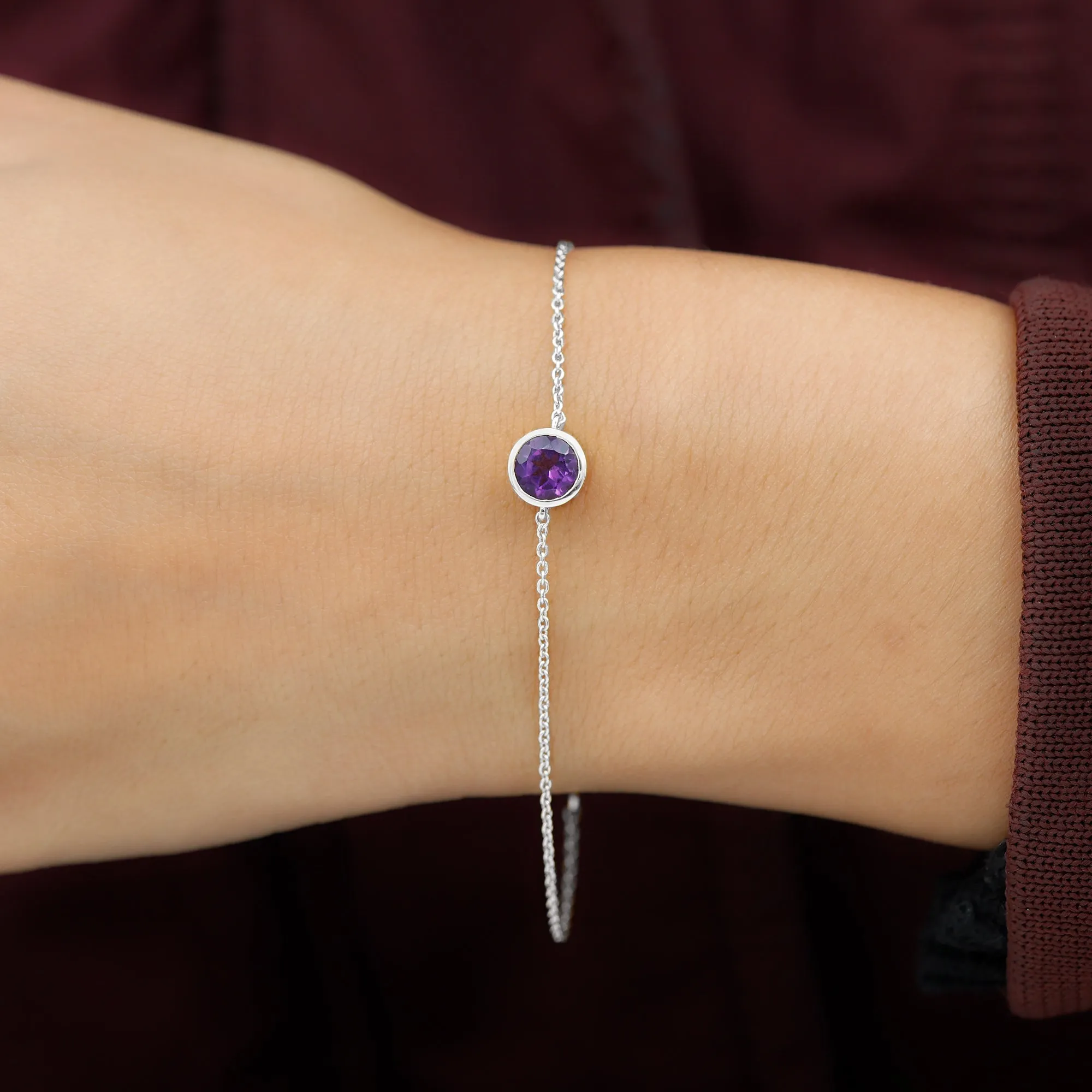 6 MM Bezel Set Amethyst Solitaire Gold Chain Bracelet