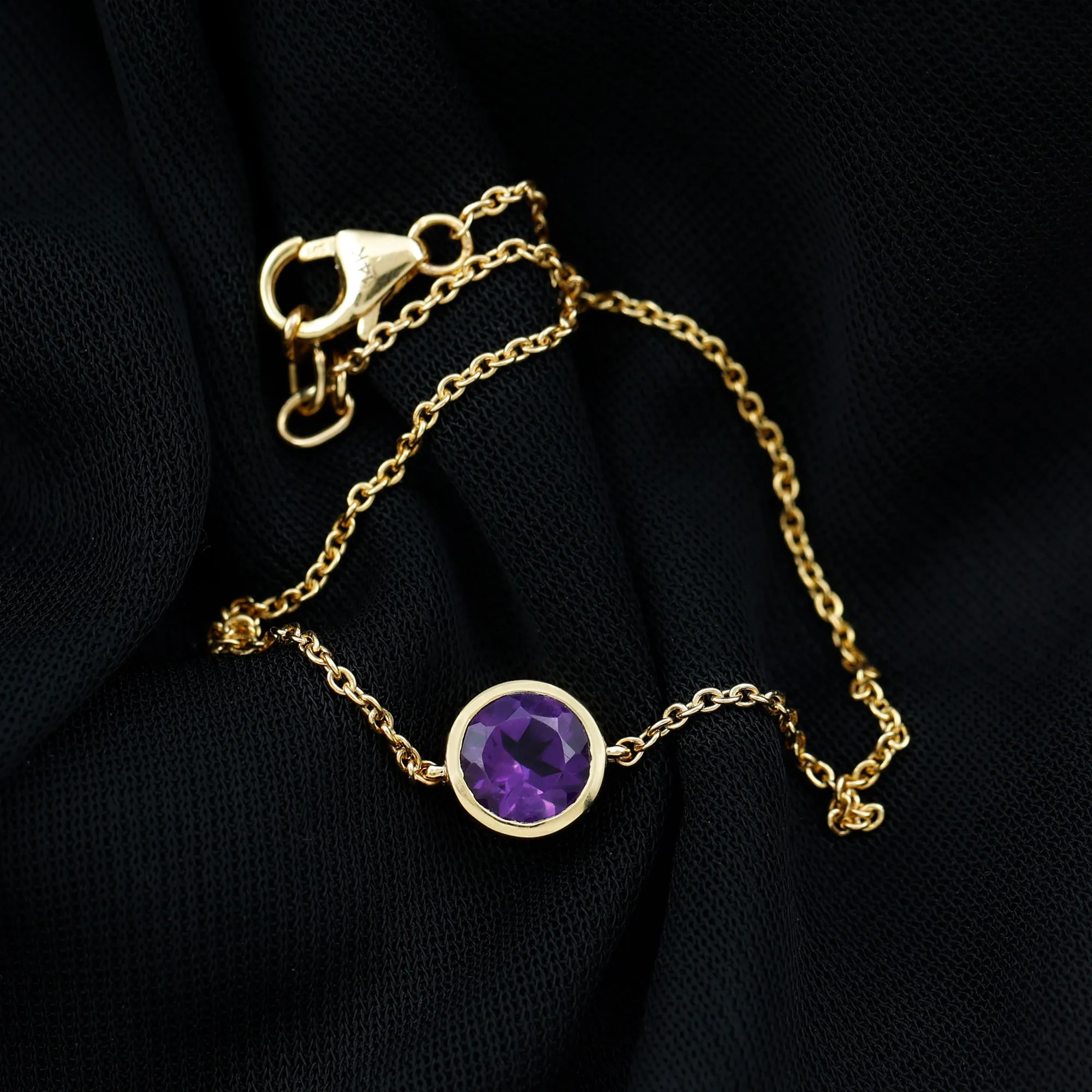 6 MM Bezel Set Amethyst Solitaire Gold Chain Bracelet