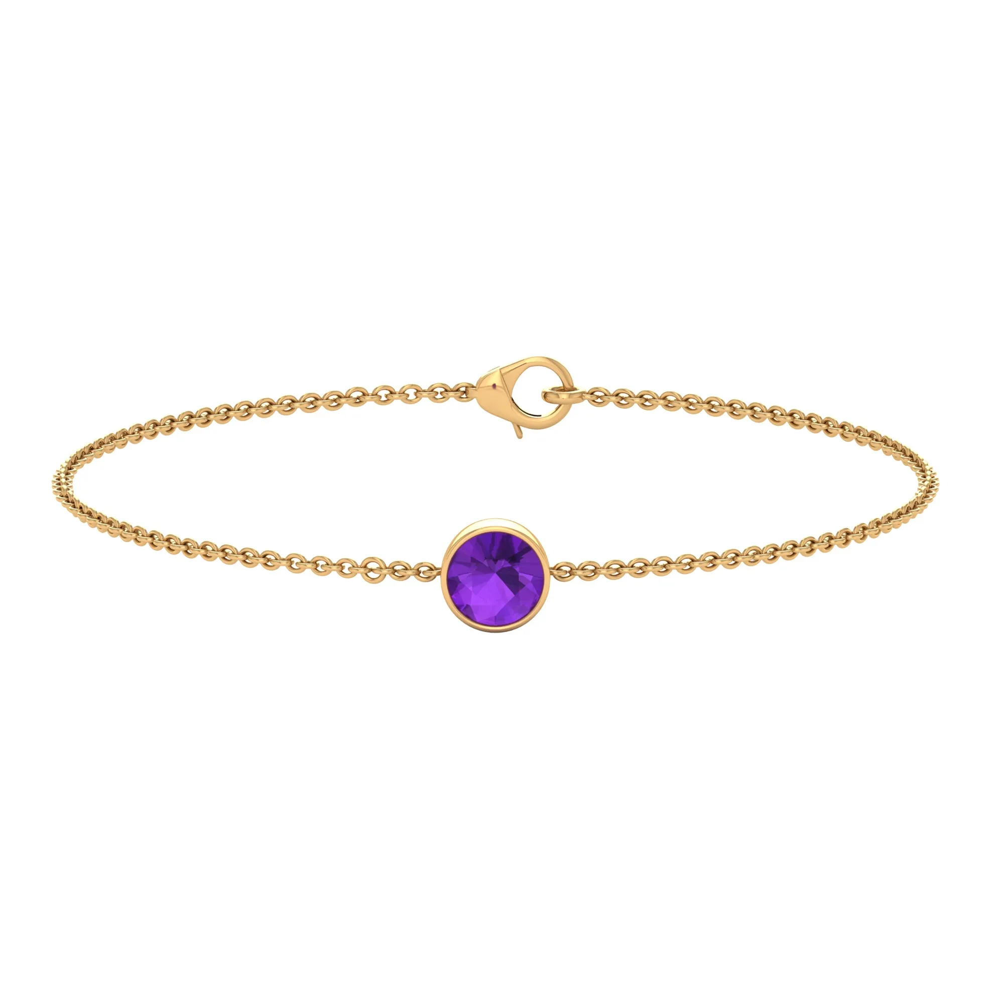 6 MM Bezel Set Amethyst Solitaire Gold Chain Bracelet