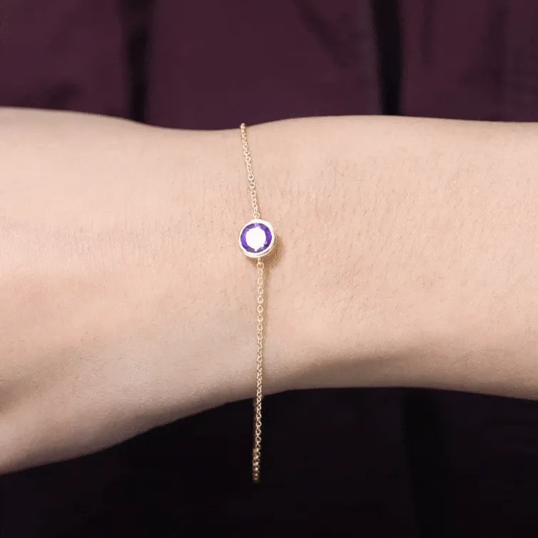 6 MM Bezel Set Amethyst Solitaire Gold Chain Bracelet