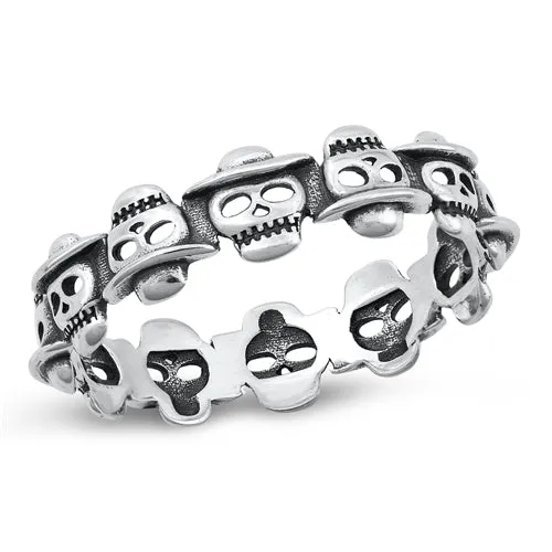 925 Sterling Silver Cute Skulls Wearing Hats, Alternating Eternity Ring For Men, Women, Boys and Girls.  Good Thumb Rings.