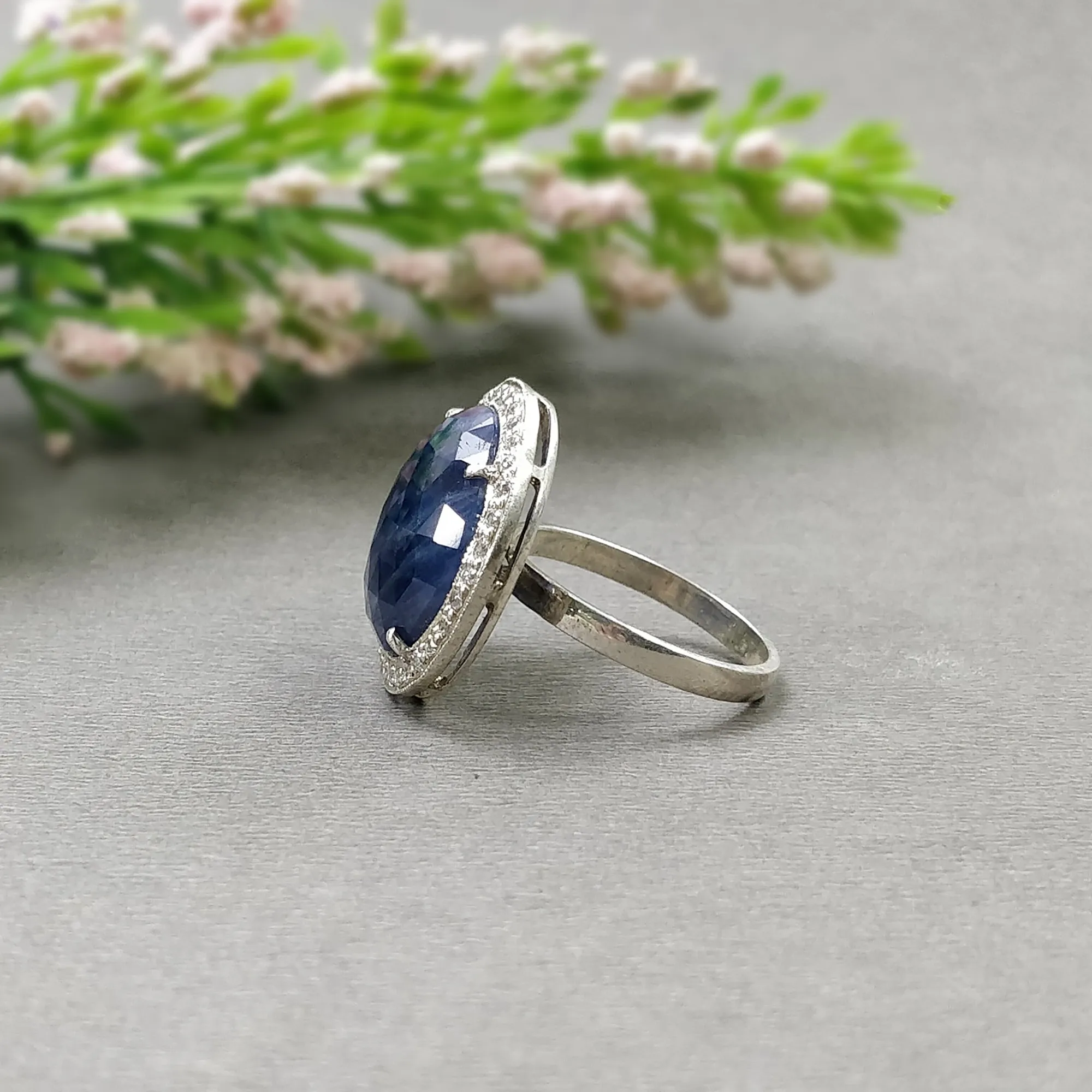 925 Sterling Silver RING : Natural Blue SAPPHIRE Gemstone With CZ Round Rose Cut Prong Set Fine Statement Unisex Ring 6.5US