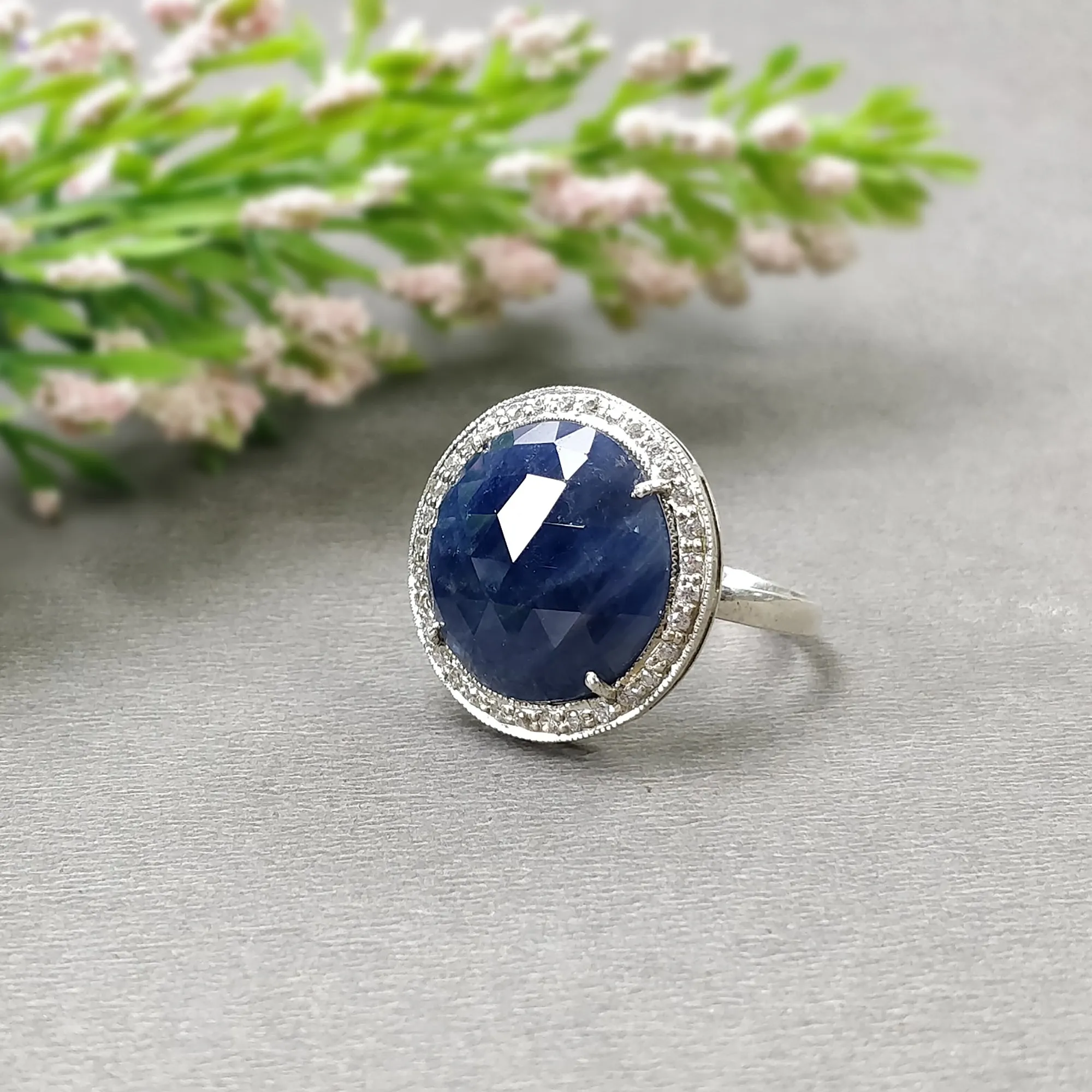 925 Sterling Silver RING : Natural Blue SAPPHIRE Gemstone With CZ Round Rose Cut Prong Set Fine Statement Unisex Ring 6.5US