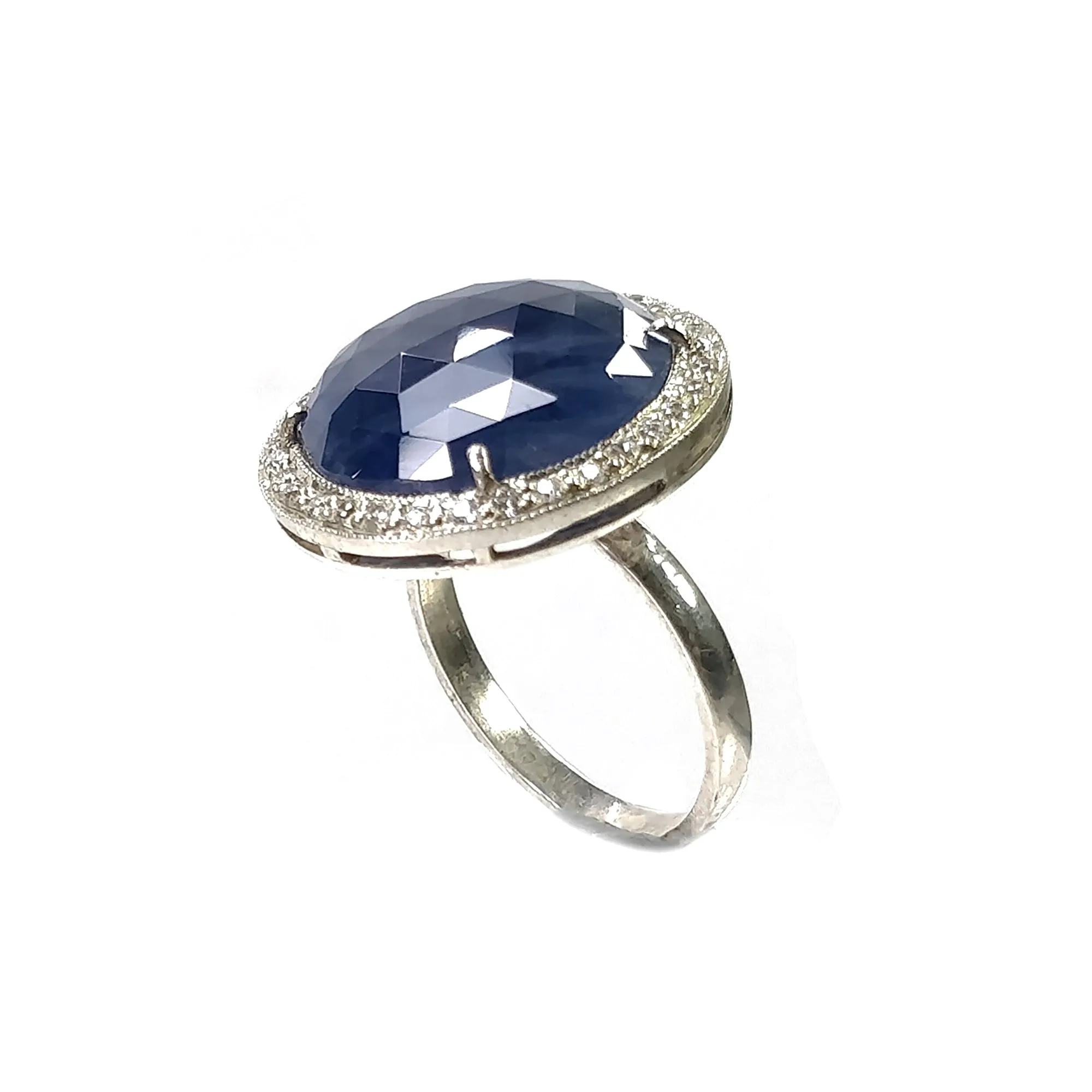 925 Sterling Silver RING : Natural Blue SAPPHIRE Gemstone With CZ Round Rose Cut Prong Set Fine Statement Unisex Ring 6.5US