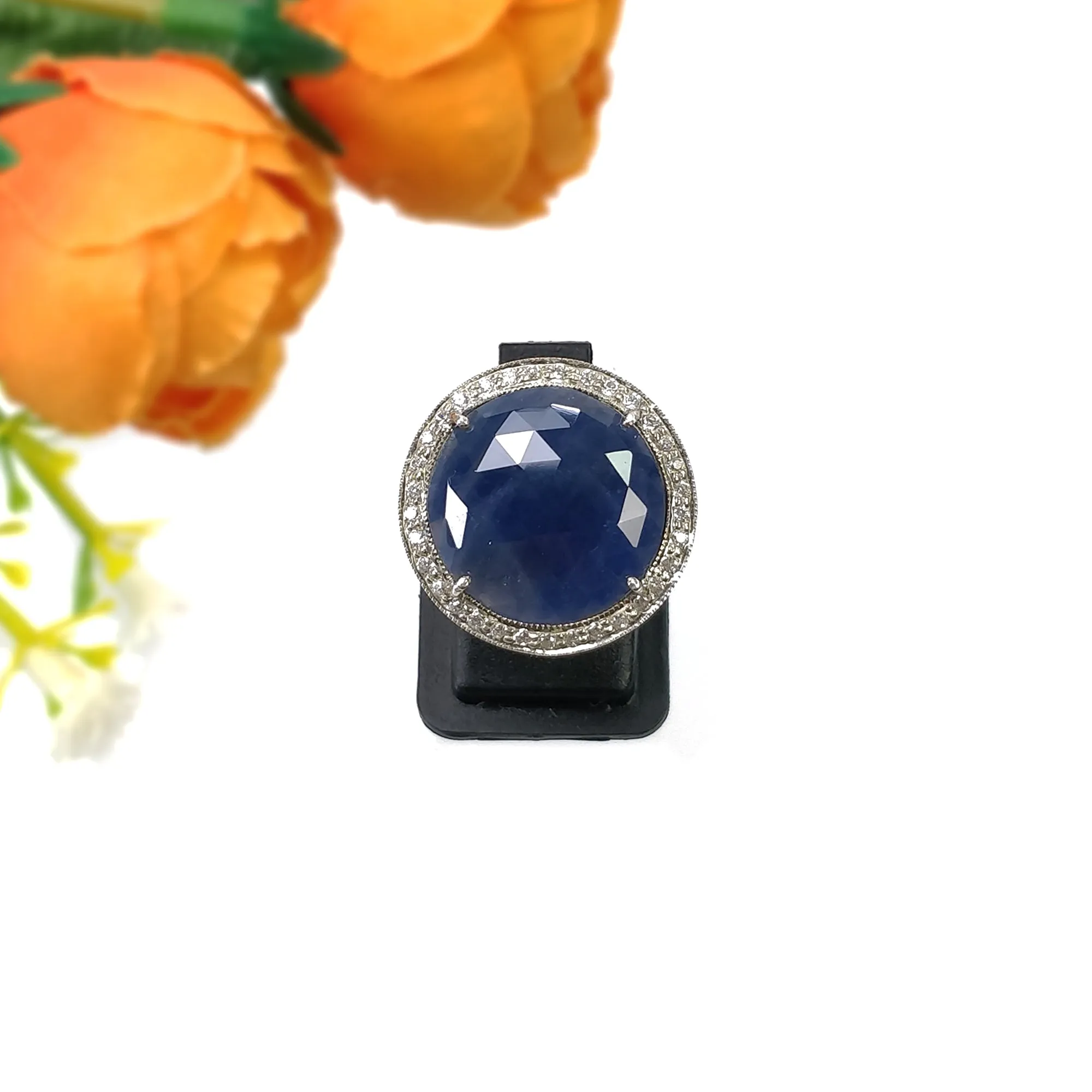 925 Sterling Silver RING : Natural Blue SAPPHIRE Gemstone With CZ Round Rose Cut Prong Set Fine Statement Unisex Ring 6.5US