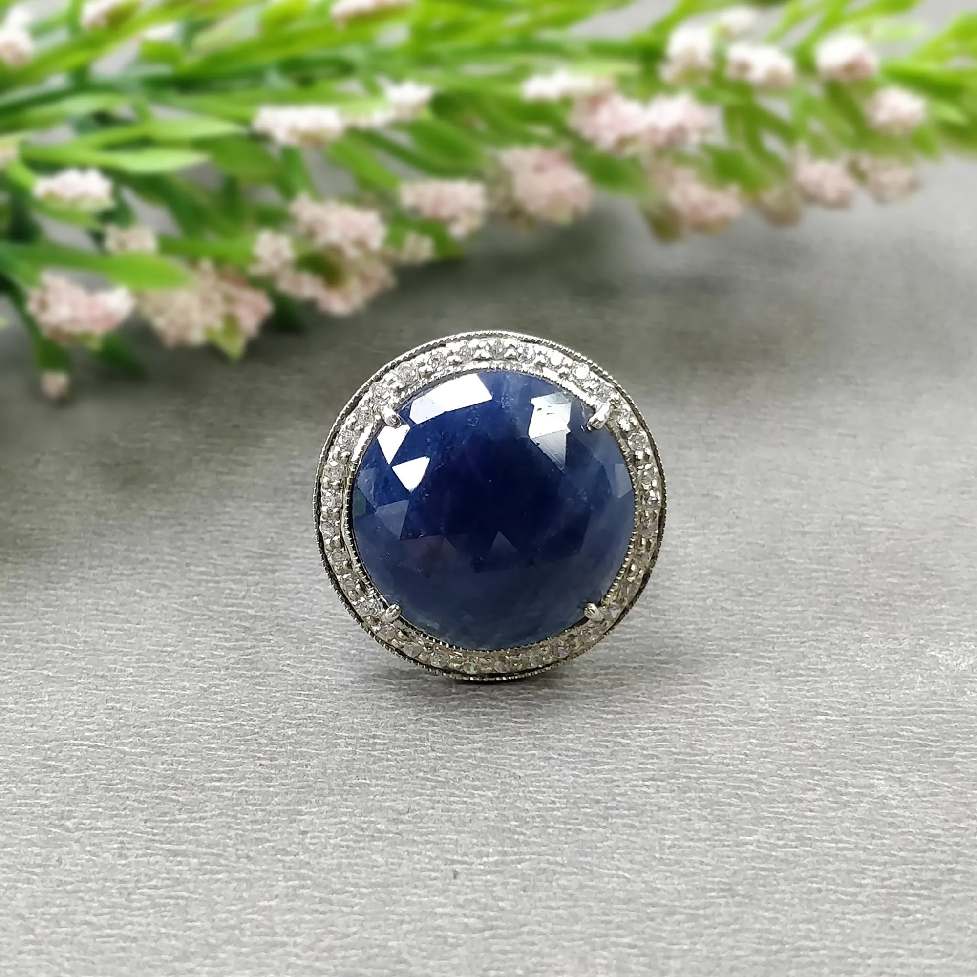 925 Sterling Silver RING : Natural Blue SAPPHIRE Gemstone With CZ Round Rose Cut Prong Set Fine Statement Unisex Ring 6.5US