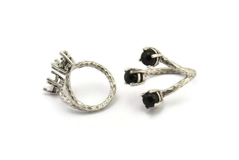 Adjustable Ring Settings - 2 Antique Silver Plated Brass 4 Claw Ring Blanks with 3 Prong Settings - Pad Size 6mm N0325 H0125