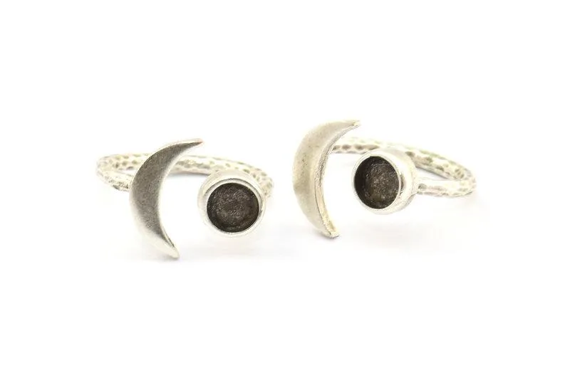 Antique Silver Ring Settings, 3 Antique Silver Plated Brass Moon And Planet Ring With 1 Stone Setting - Pad Size 6.2mm BS 1964 H0588