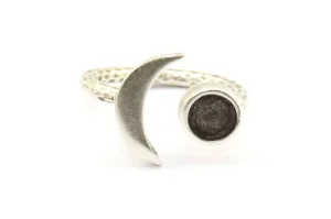 Antique Silver Ring Settings, 3 Antique Silver Plated Brass Moon And Planet Ring With 1 Stone Setting - Pad Size 6.2mm BS 1964 H0588