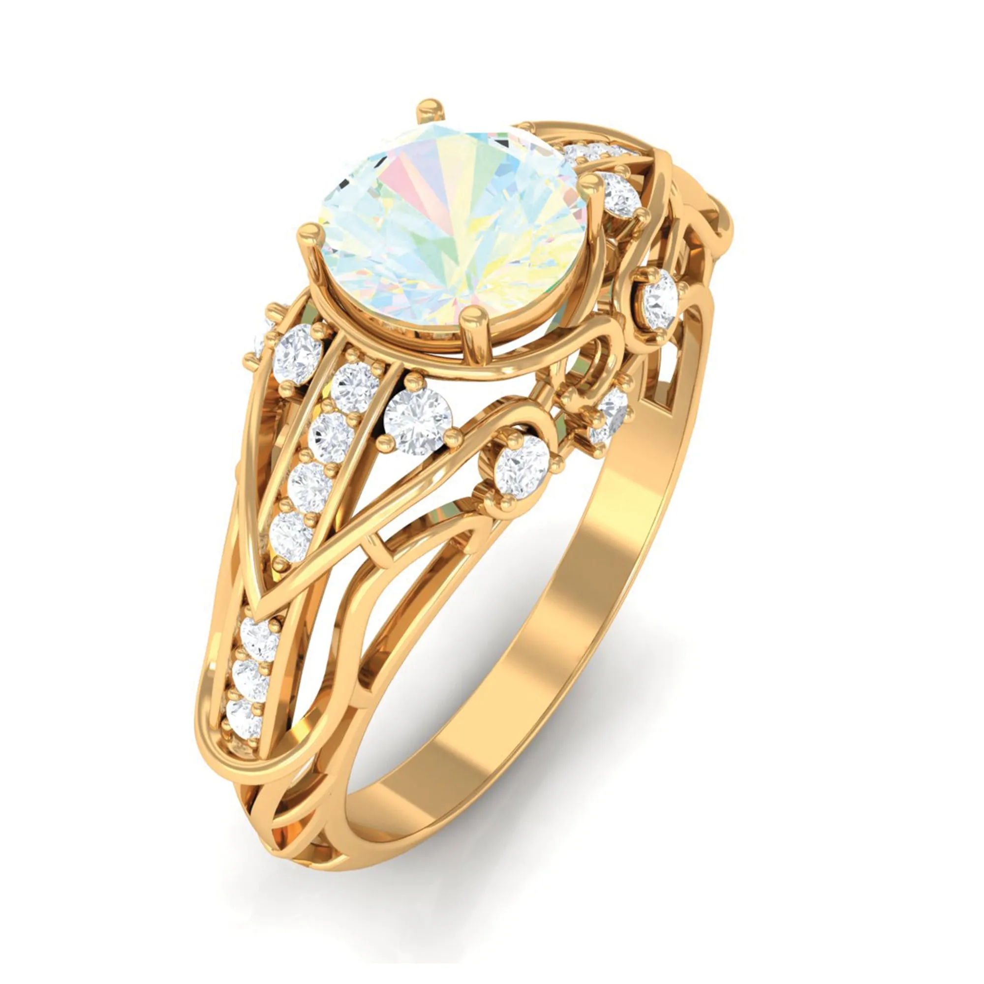 Antique Style Round Ethiopian Opal Engagement Ring with Diamond