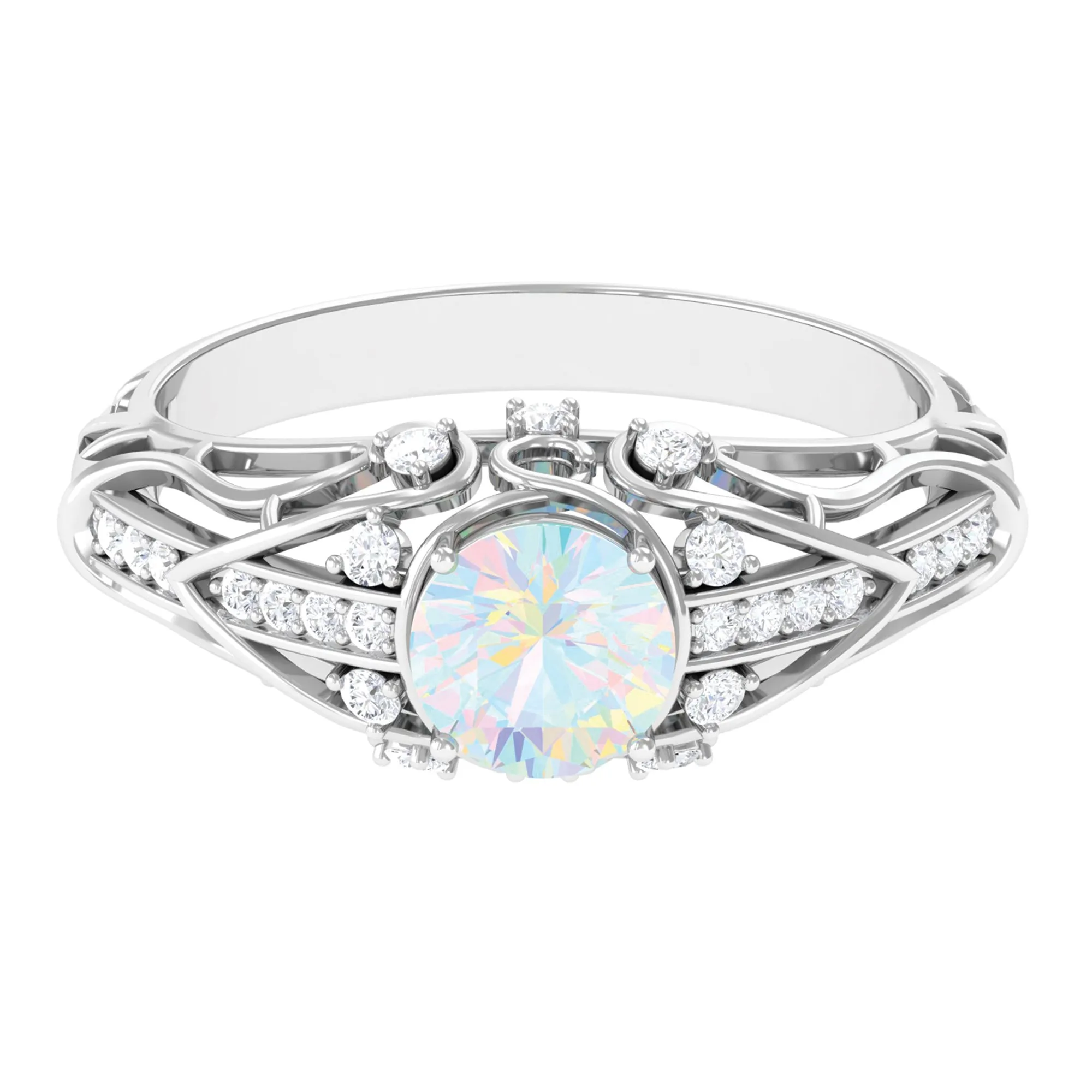 Antique Style Round Ethiopian Opal Engagement Ring with Diamond