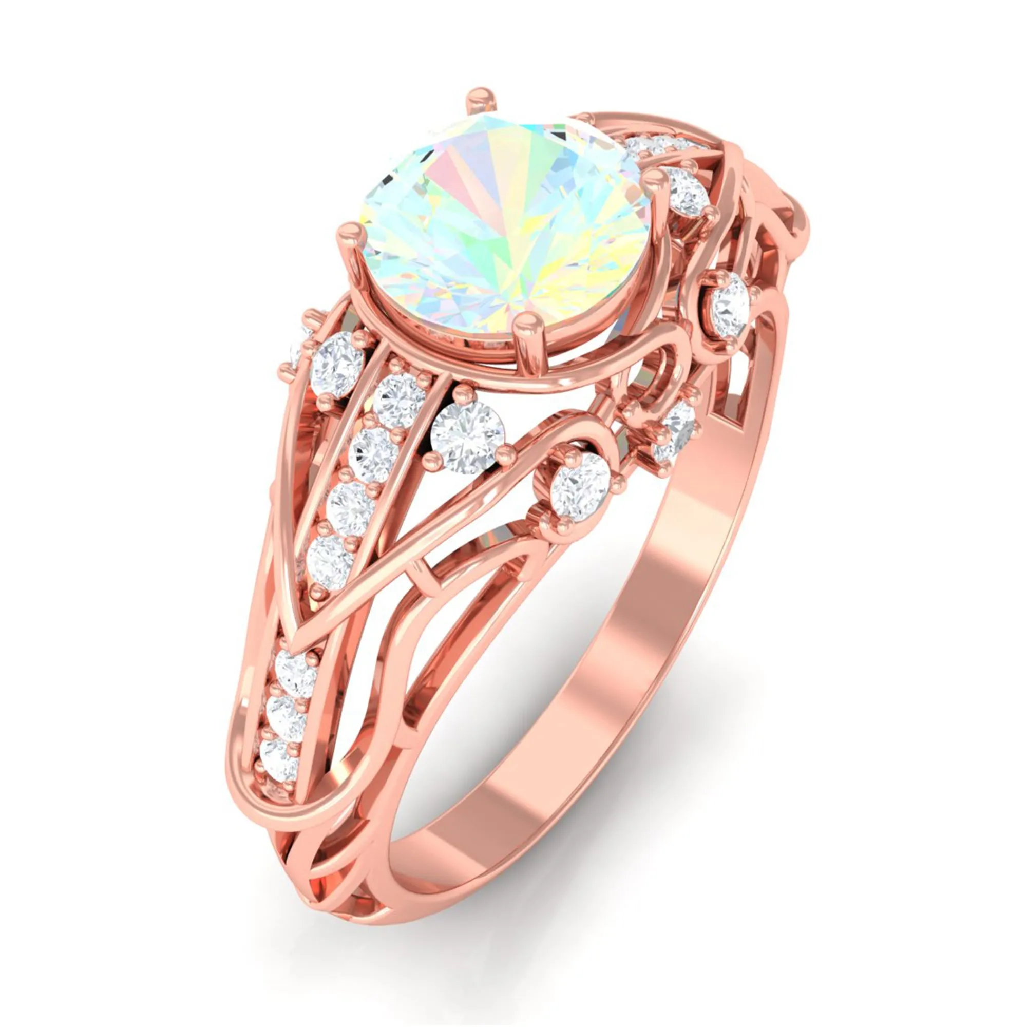 Antique Style Round Ethiopian Opal Engagement Ring with Diamond