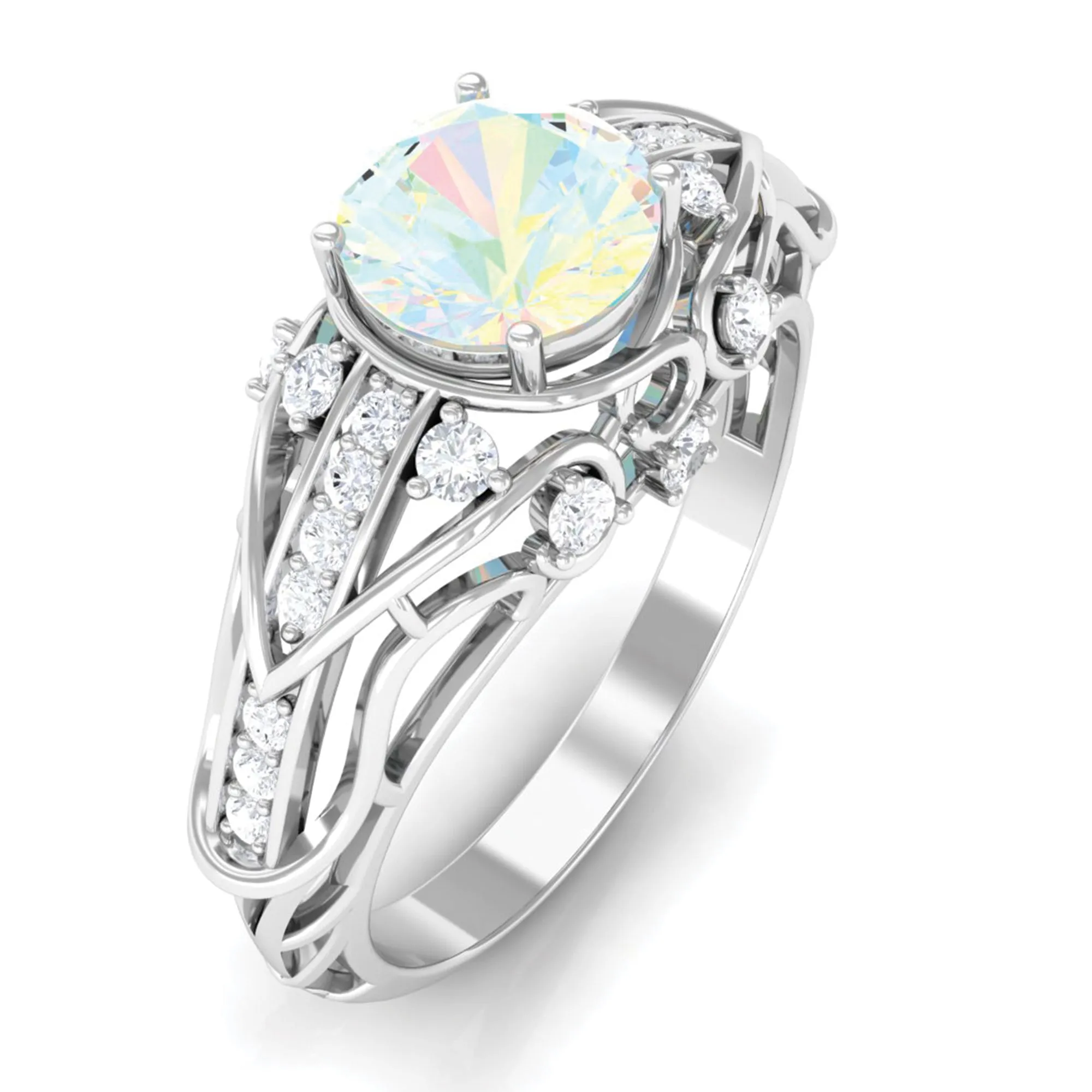 Antique Style Round Ethiopian Opal Engagement Ring with Diamond