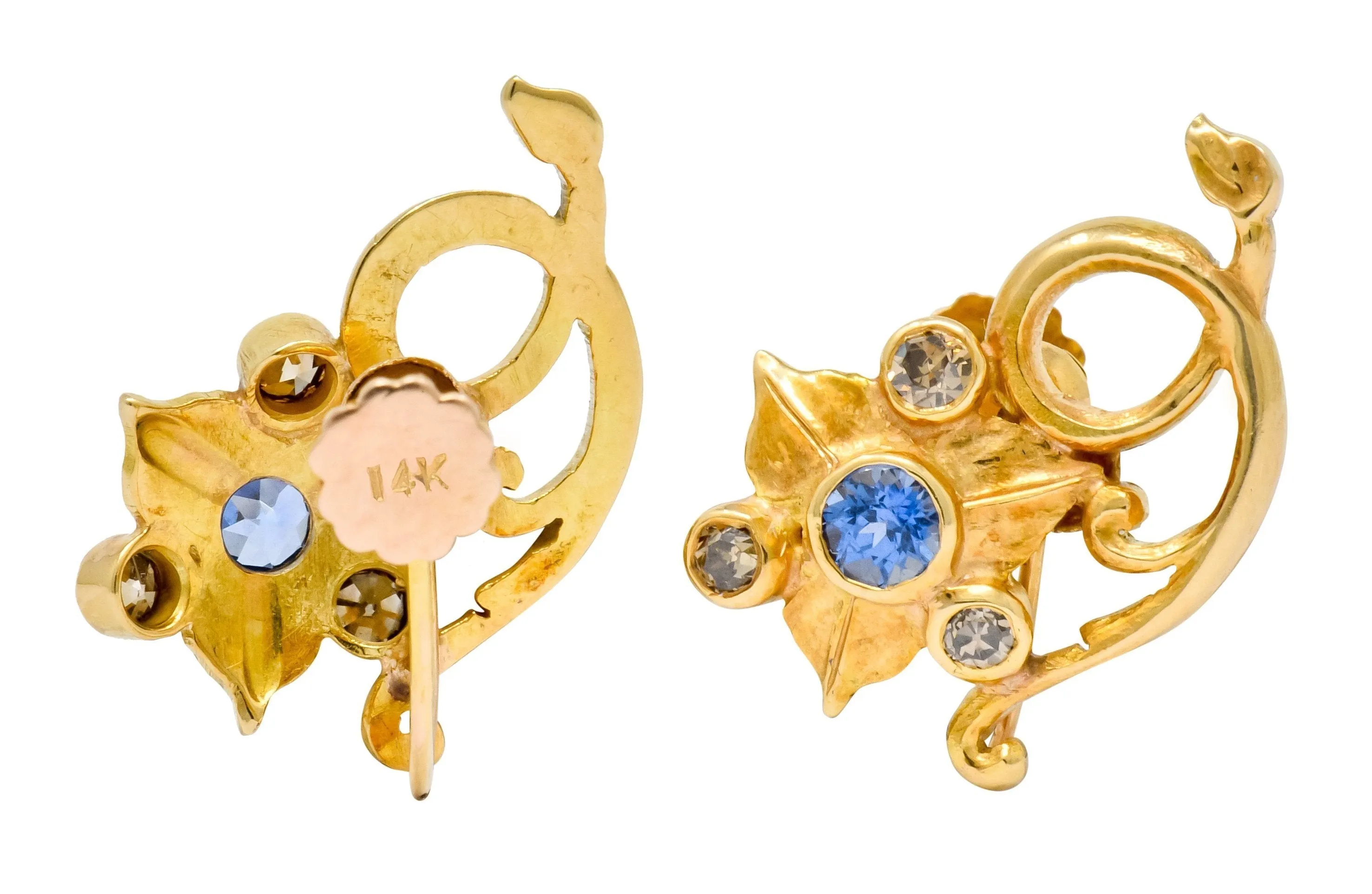 Art Nouveau Sapphire Fancy Colored Diamond 14 Karat Gold Floral Ivy Screwback Earrings