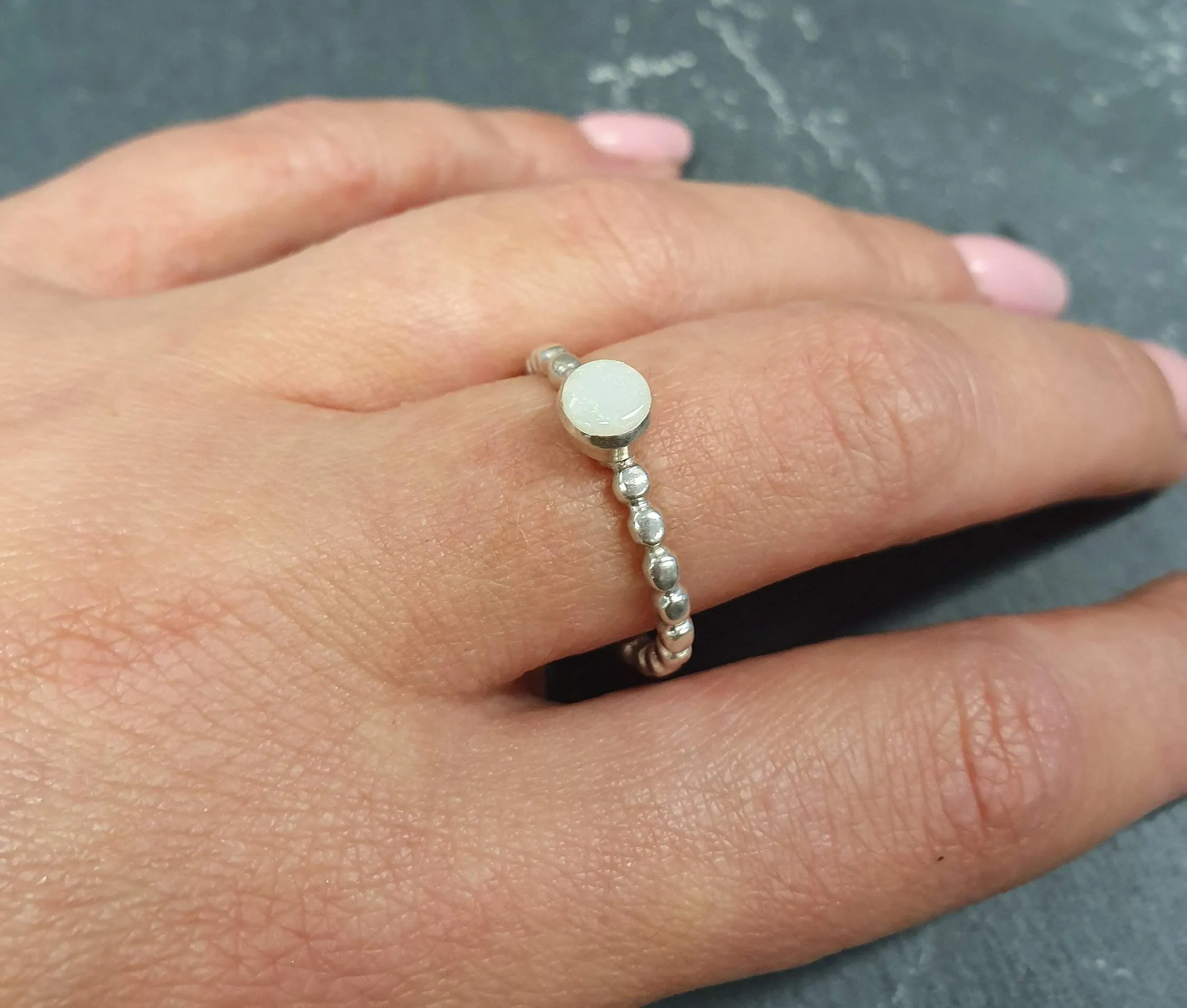 Australian Opal Ring - Natural Opal Ring - Round White Ring