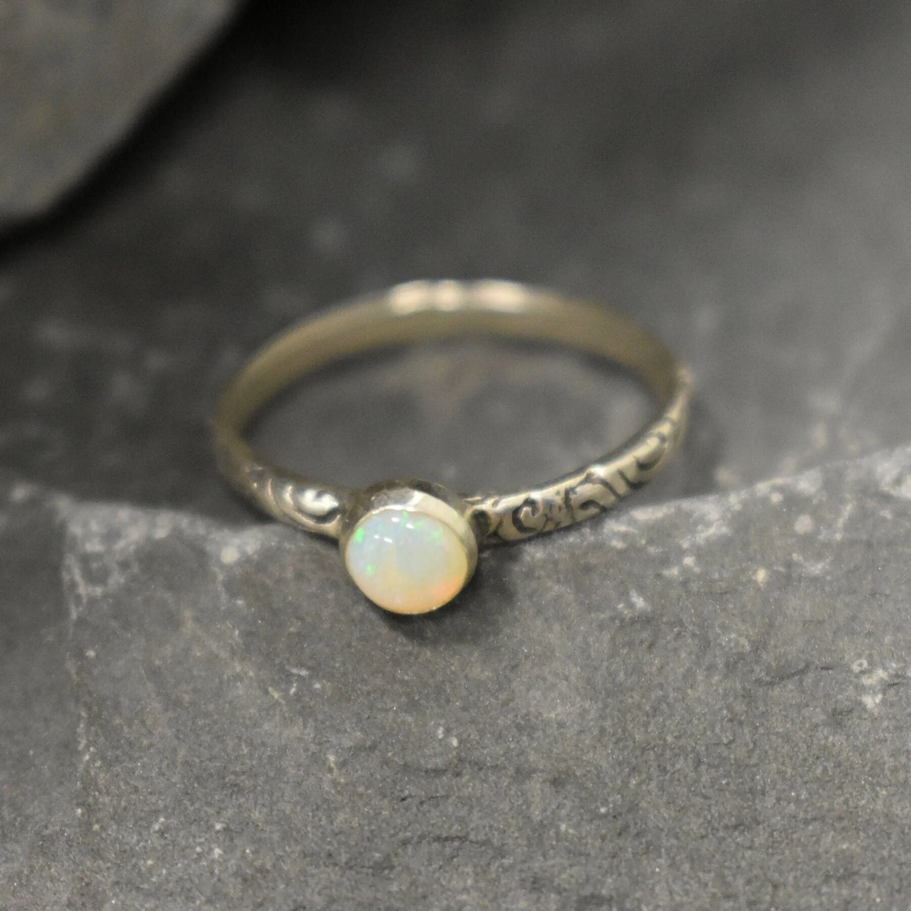 Australian Opal Ring - Round White Ring - Engraved Tribal Ring