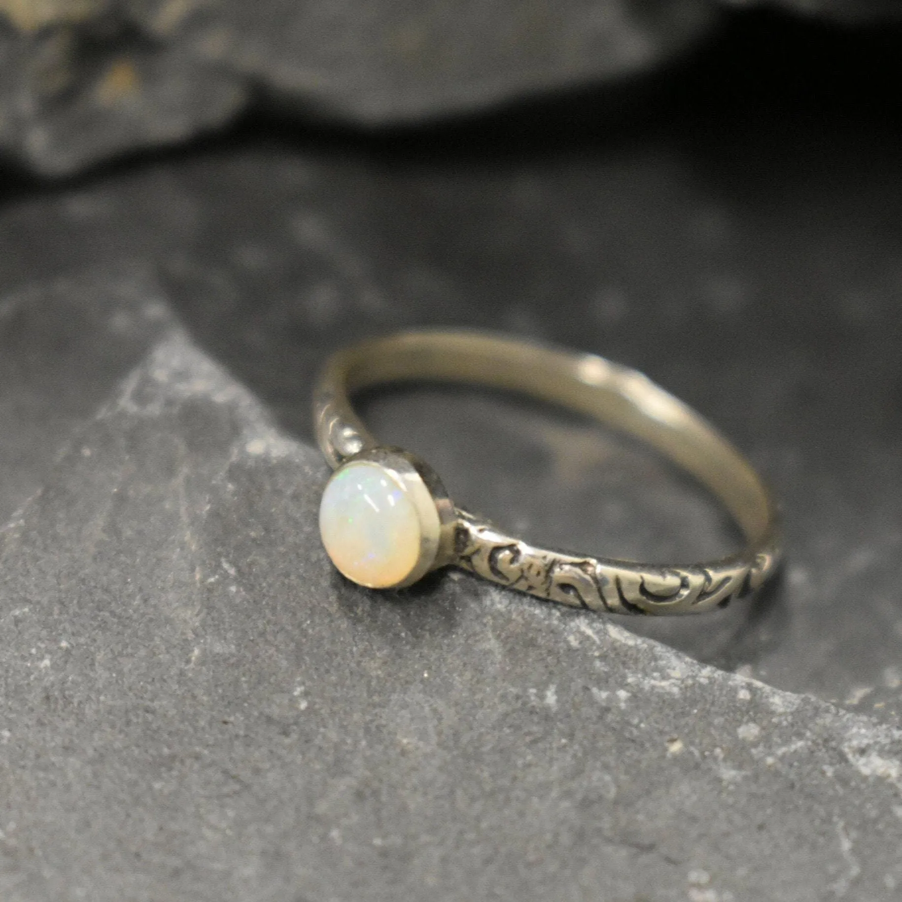 Australian Opal Ring - Round White Ring - Engraved Tribal Ring