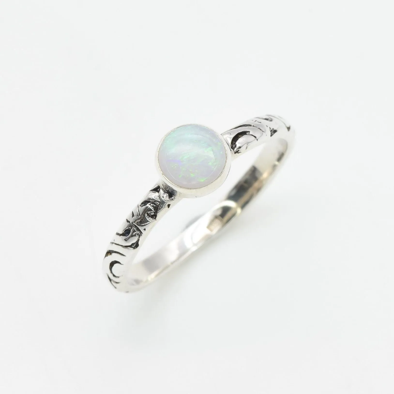 Australian Opal Ring - Round White Ring - Engraved Tribal Ring