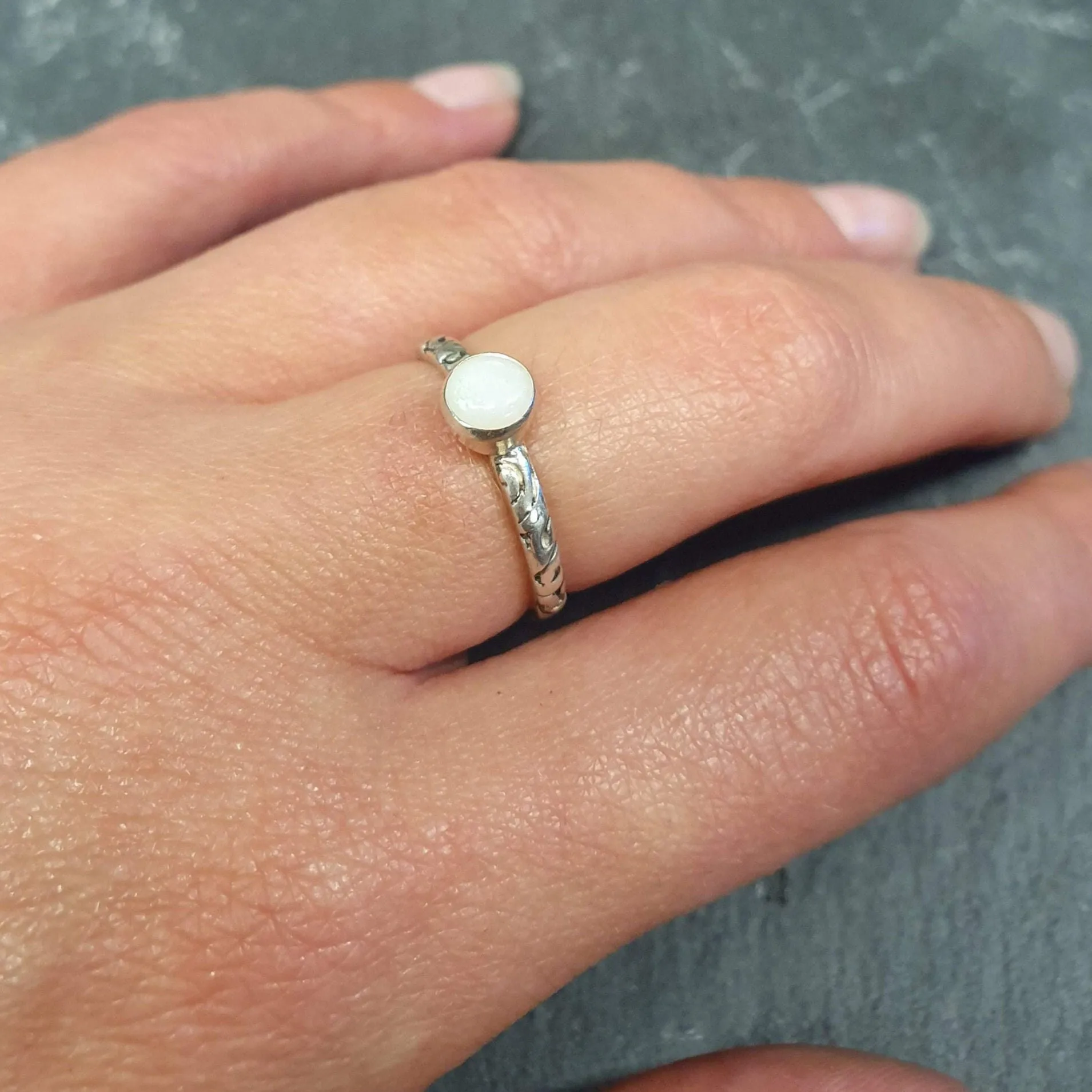 Australian Opal Ring - Round White Ring - Engraved Tribal Ring