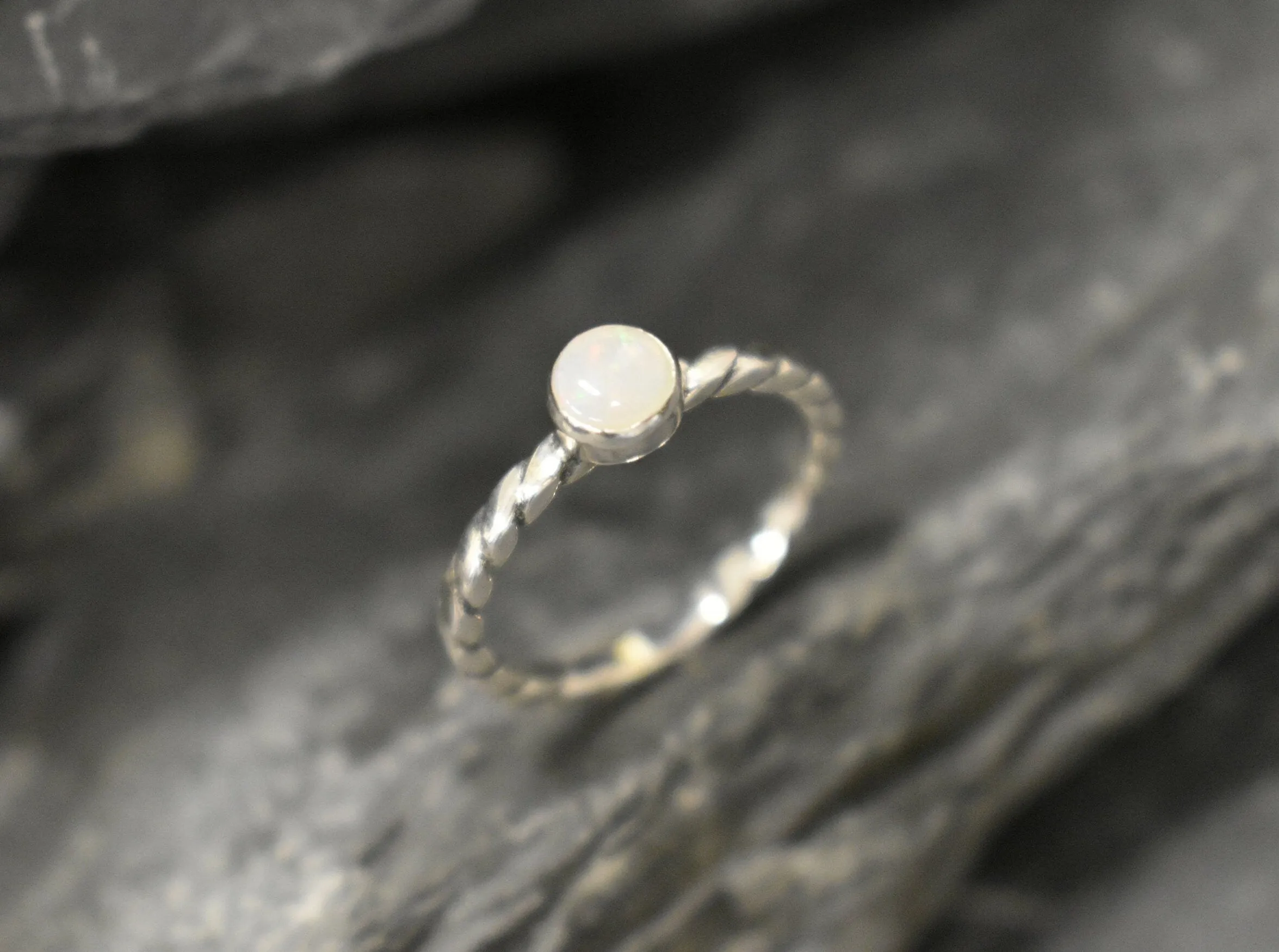 Australian Opal Ring - White Promise Ring - Twisted Silver Band