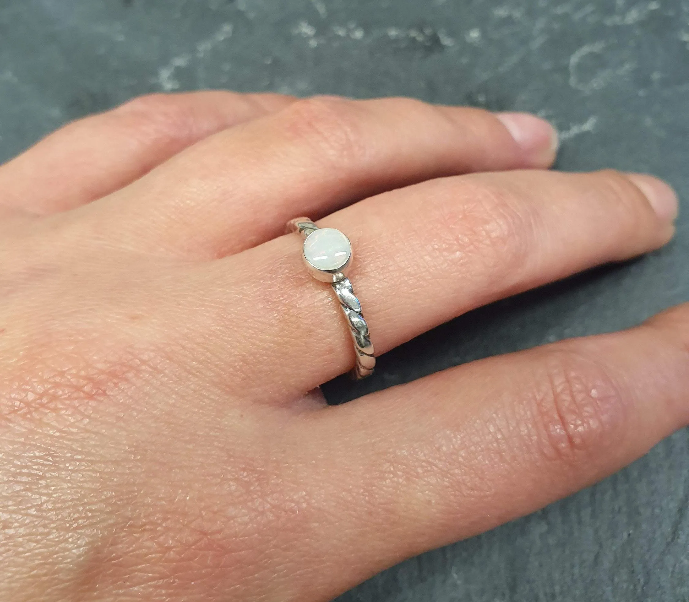 Australian Opal Ring - White Promise Ring - Twisted Silver Band