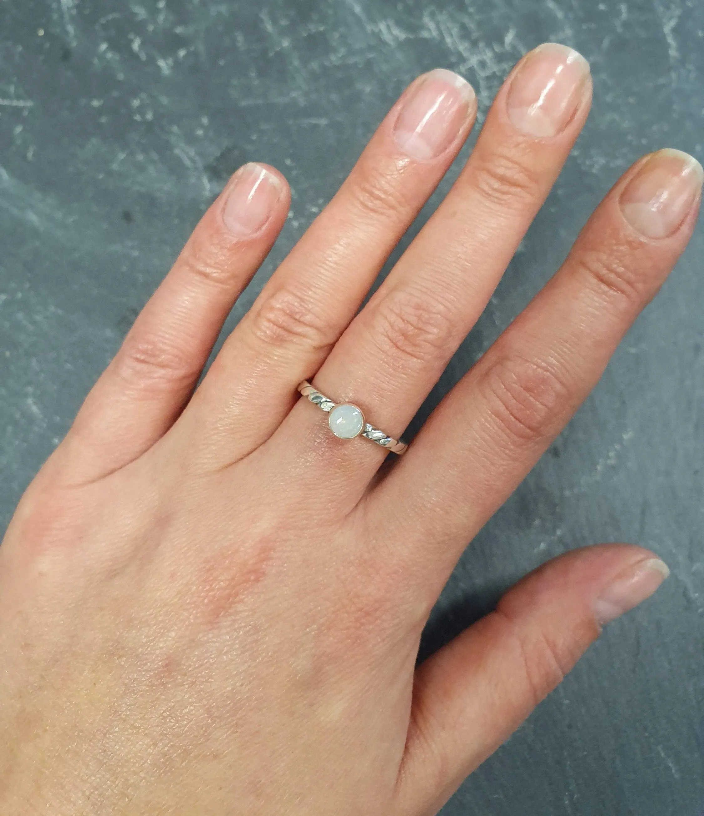 Australian Opal Ring - White Promise Ring - Twisted Silver Band