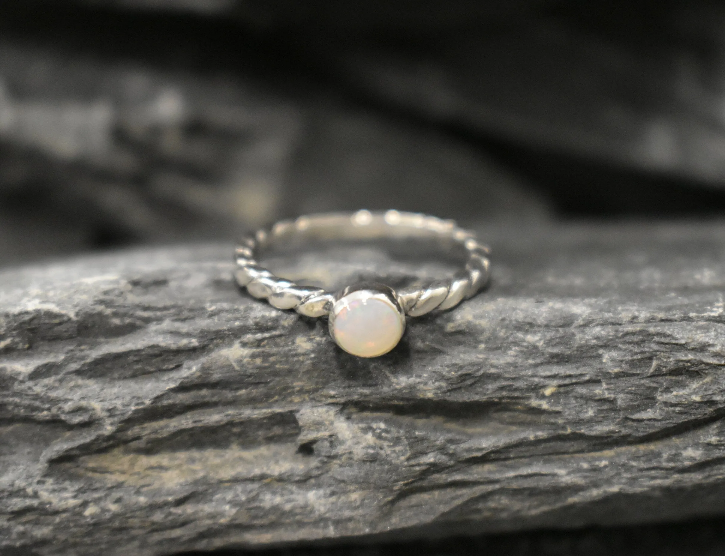 Australian Opal Ring - White Promise Ring - Twisted Silver Band