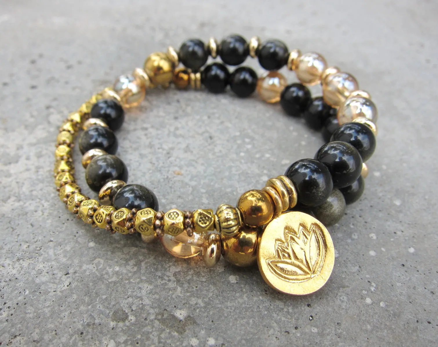 Black Gold Obsidian, Gold Aura Quartz Protective Mala Bracelet