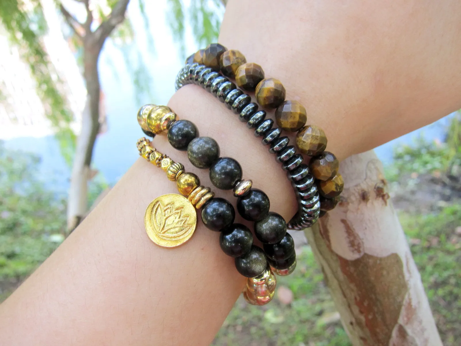 Black Gold Obsidian, Gold Aura Quartz Protective Mala Bracelet