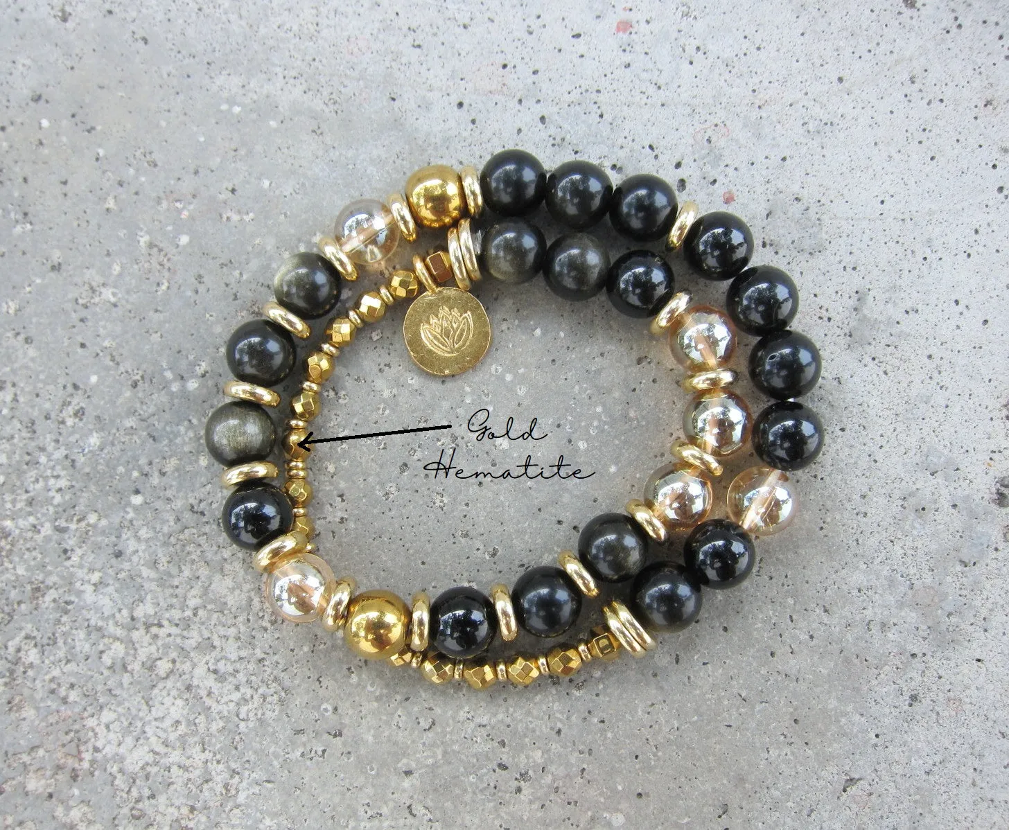 Black Gold Obsidian, Gold Aura Quartz Protective Mala Bracelet