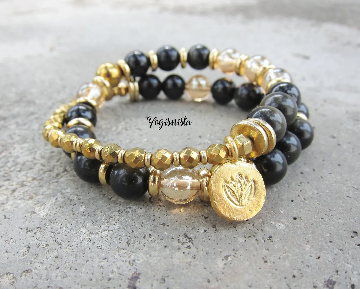 Black Gold Obsidian, Gold Aura Quartz Protective Mala Bracelet