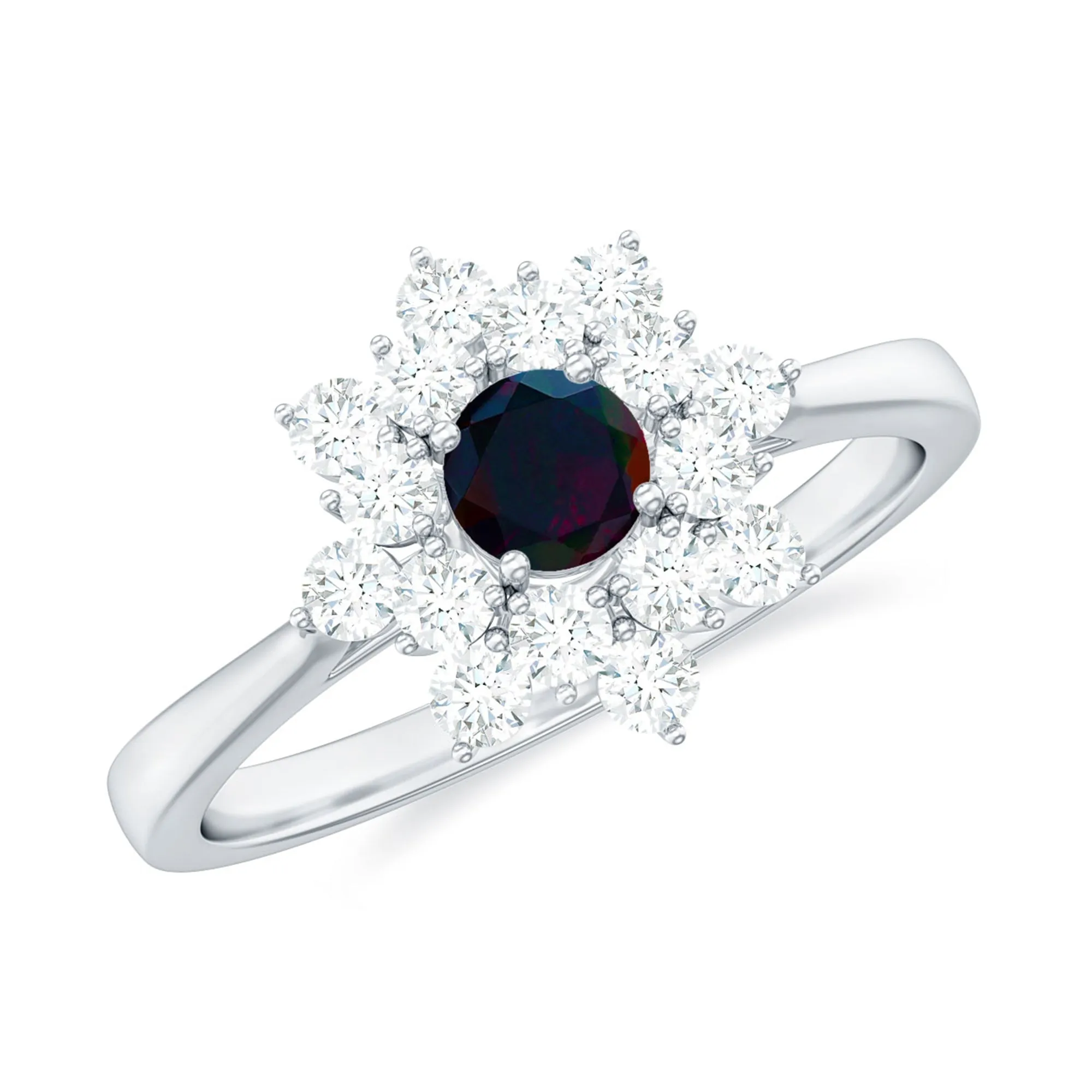 Black Opal and Diamond Flower Cluster Engagement Ring