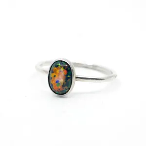 Black Opal Oval Gemstone Ring in Silver