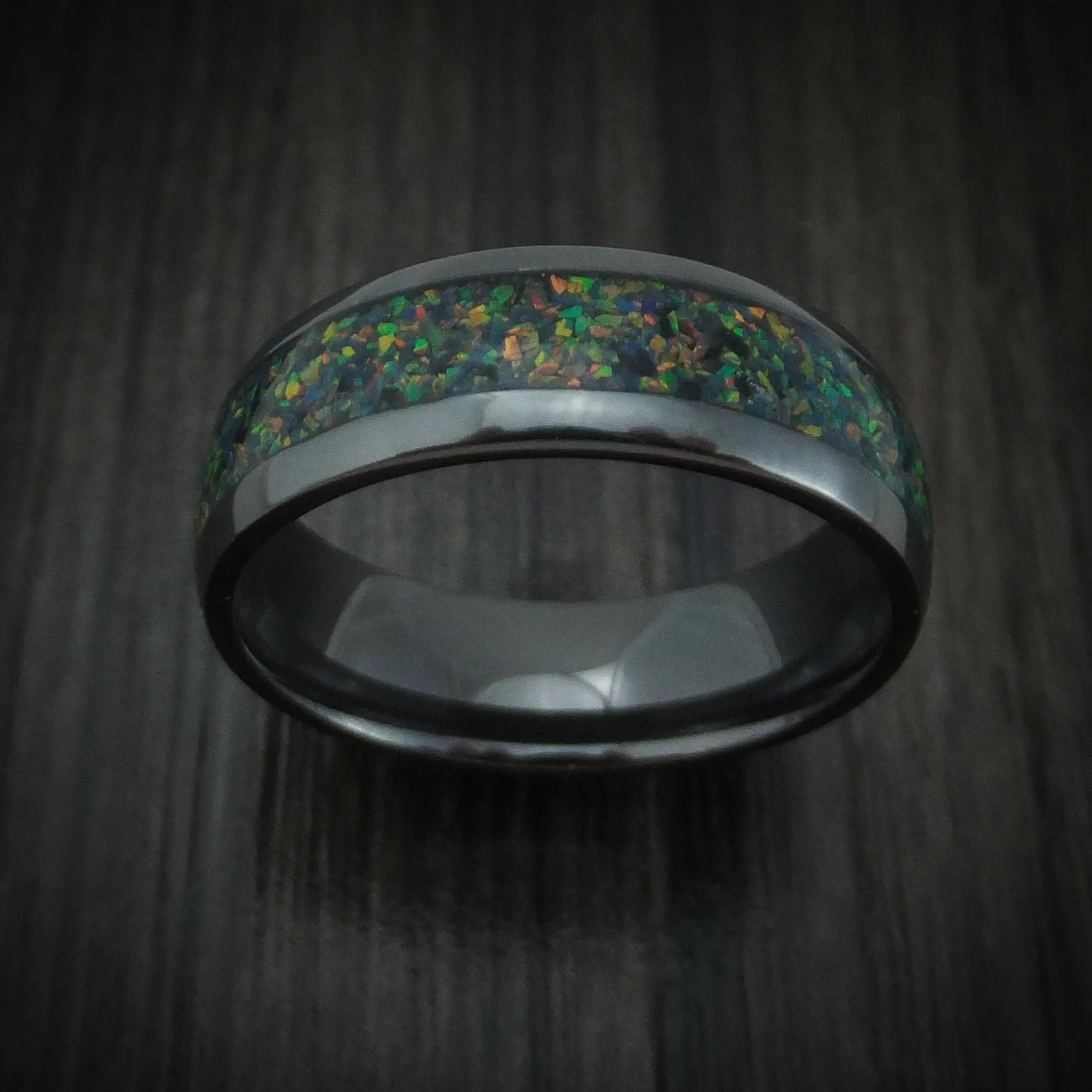 Black Zirconium And Opal Men's Ring Custom Made Band