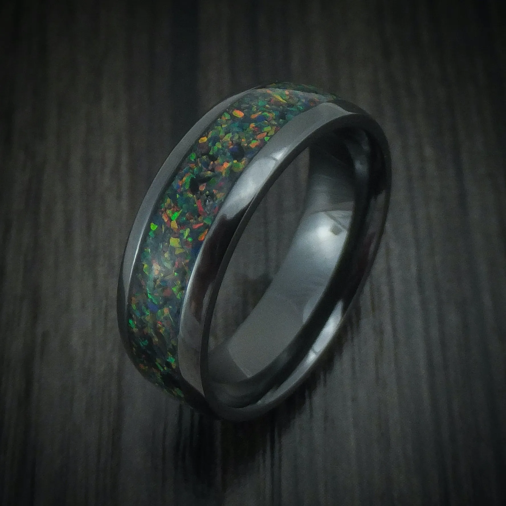 Black Zirconium And Opal Men's Ring Custom Made Band