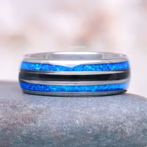 Blue Fire Opal & Black Onyx Wedding Band- 8MM Tungsten