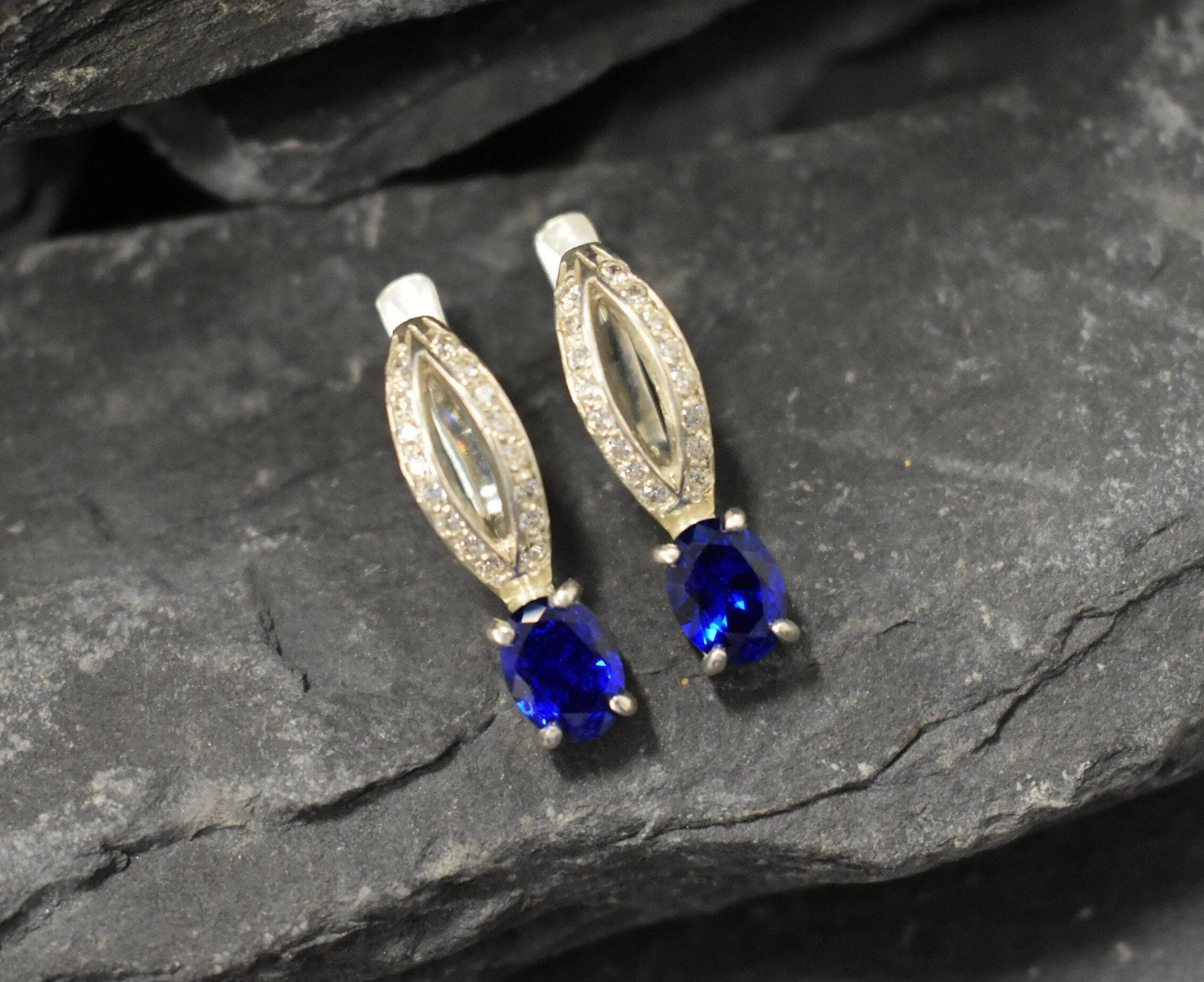 Blue Sapphire Earrings - Long Drop Earrings, Blue Vintage Earrings