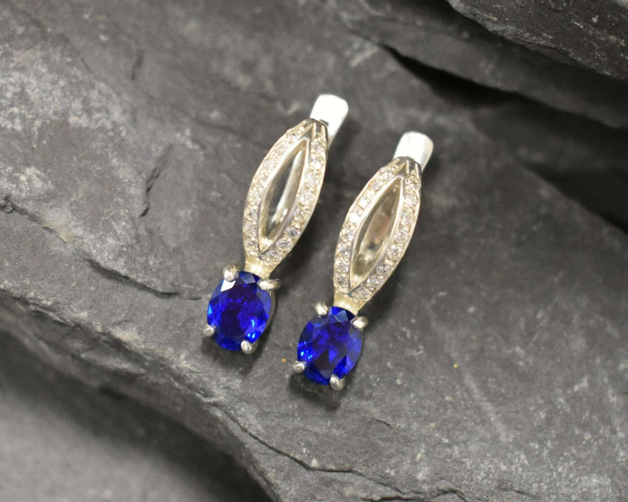 Blue Sapphire Earrings - Long Drop Earrings, Blue Vintage Earrings