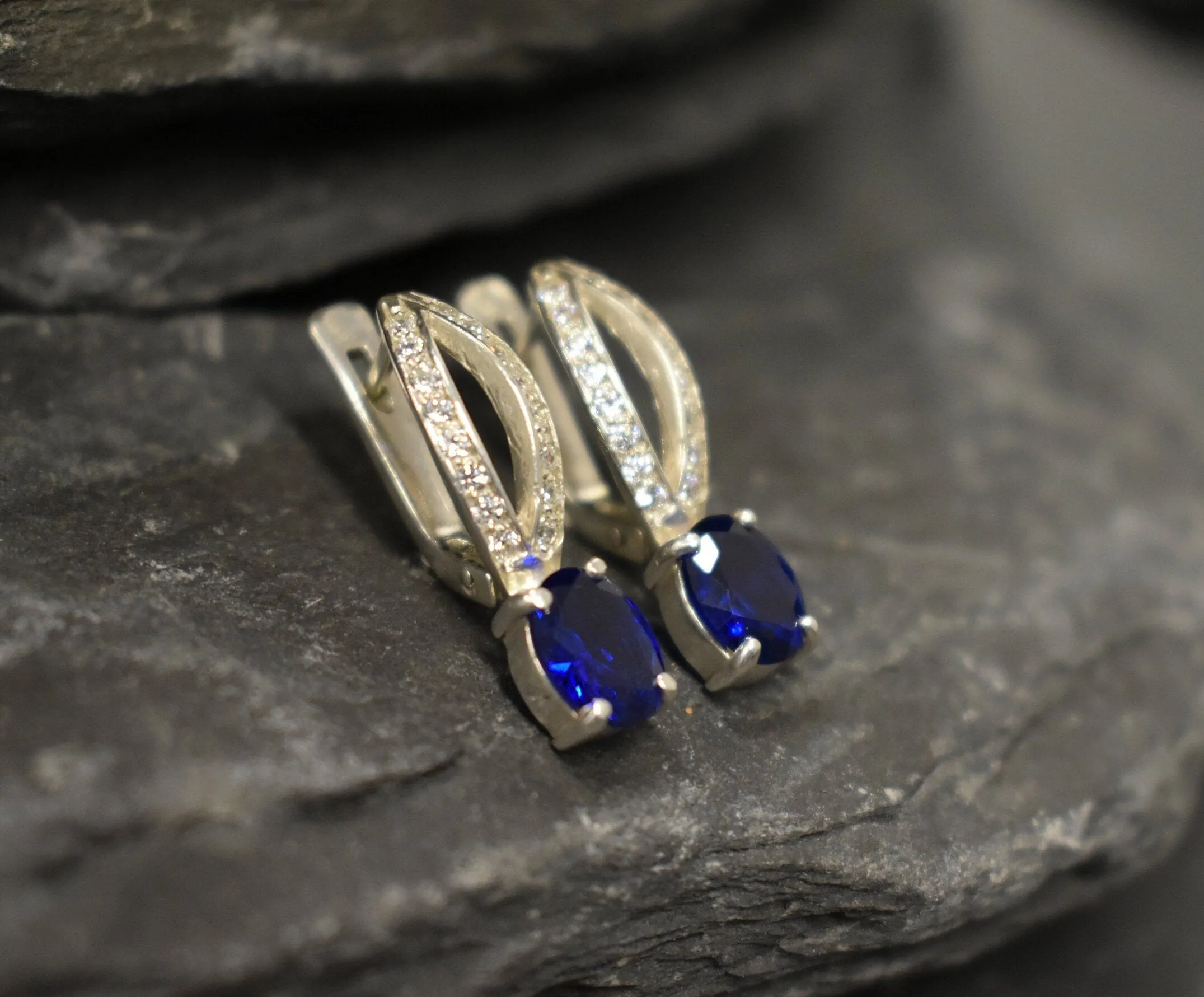 Blue Sapphire Earrings - Long Drop Earrings, Blue Vintage Earrings