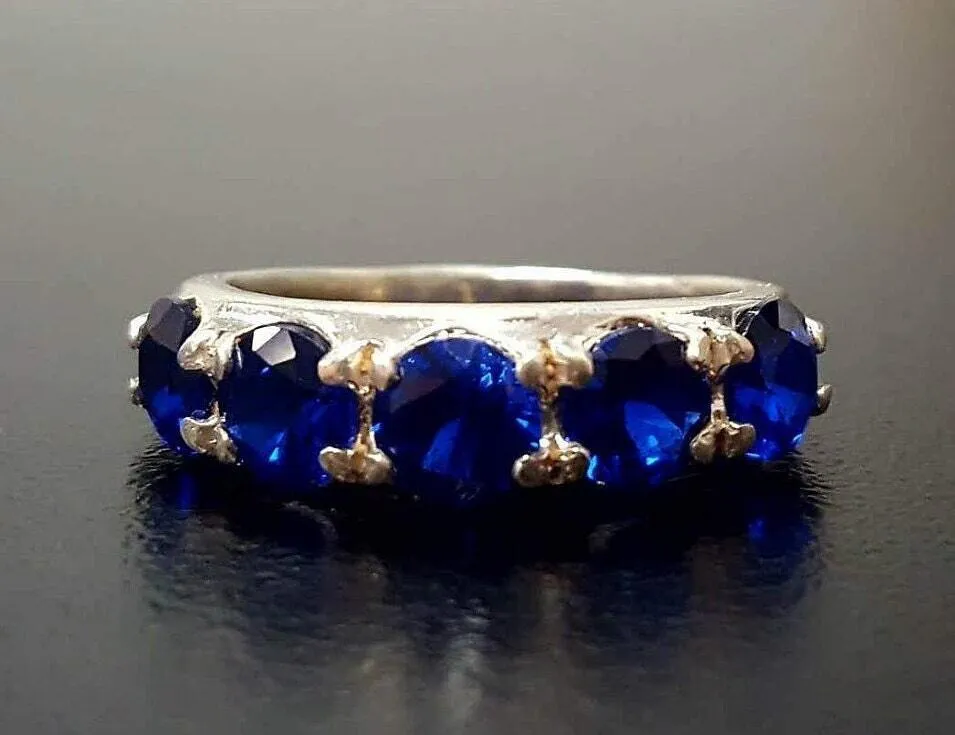 Blue Sapphire Ring - Half Eternity Sapphire Ring - Blue Wide Band