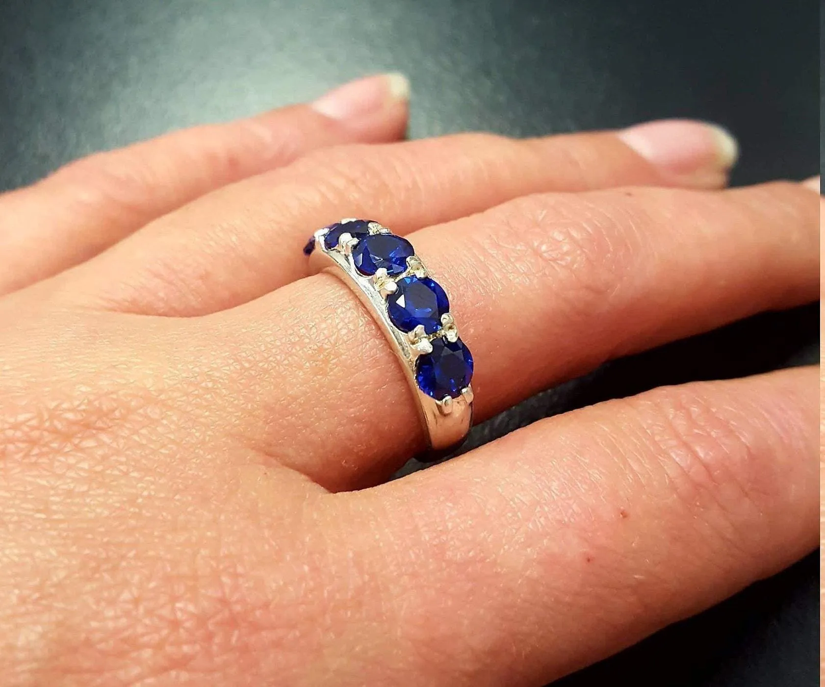 Blue Sapphire Ring - Half Eternity Sapphire Ring - Blue Wide Band